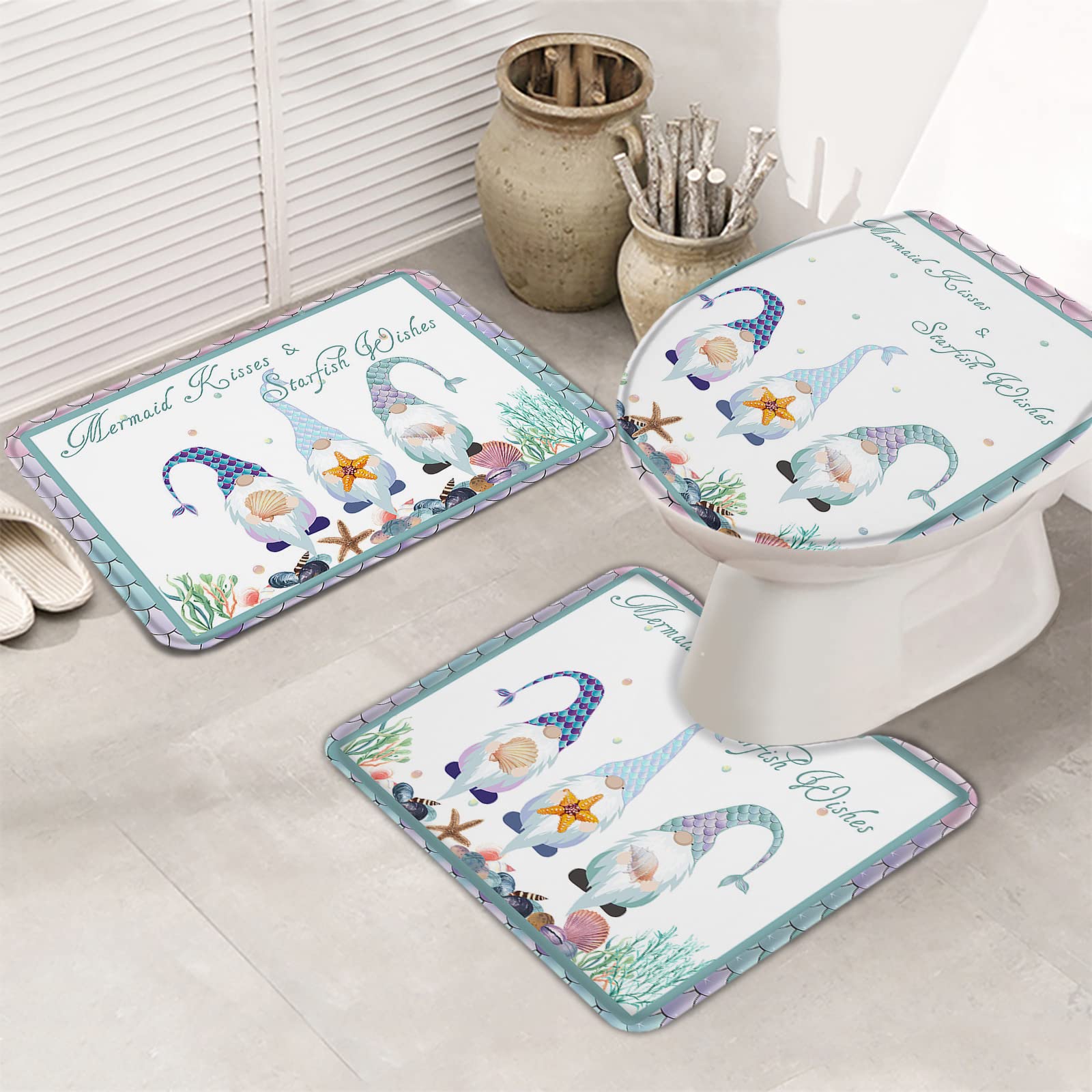 Premium Non-Slip Memory Foam Bath Mat Set - 3 Piece Mermaid & Starfish Themed Bathroom Rugs with Shell Design | Soft Absorbent Shower Mats for Tub Safety | Perfect Bathroom Decor for Kids, Beach House & Coastal Style Homes
