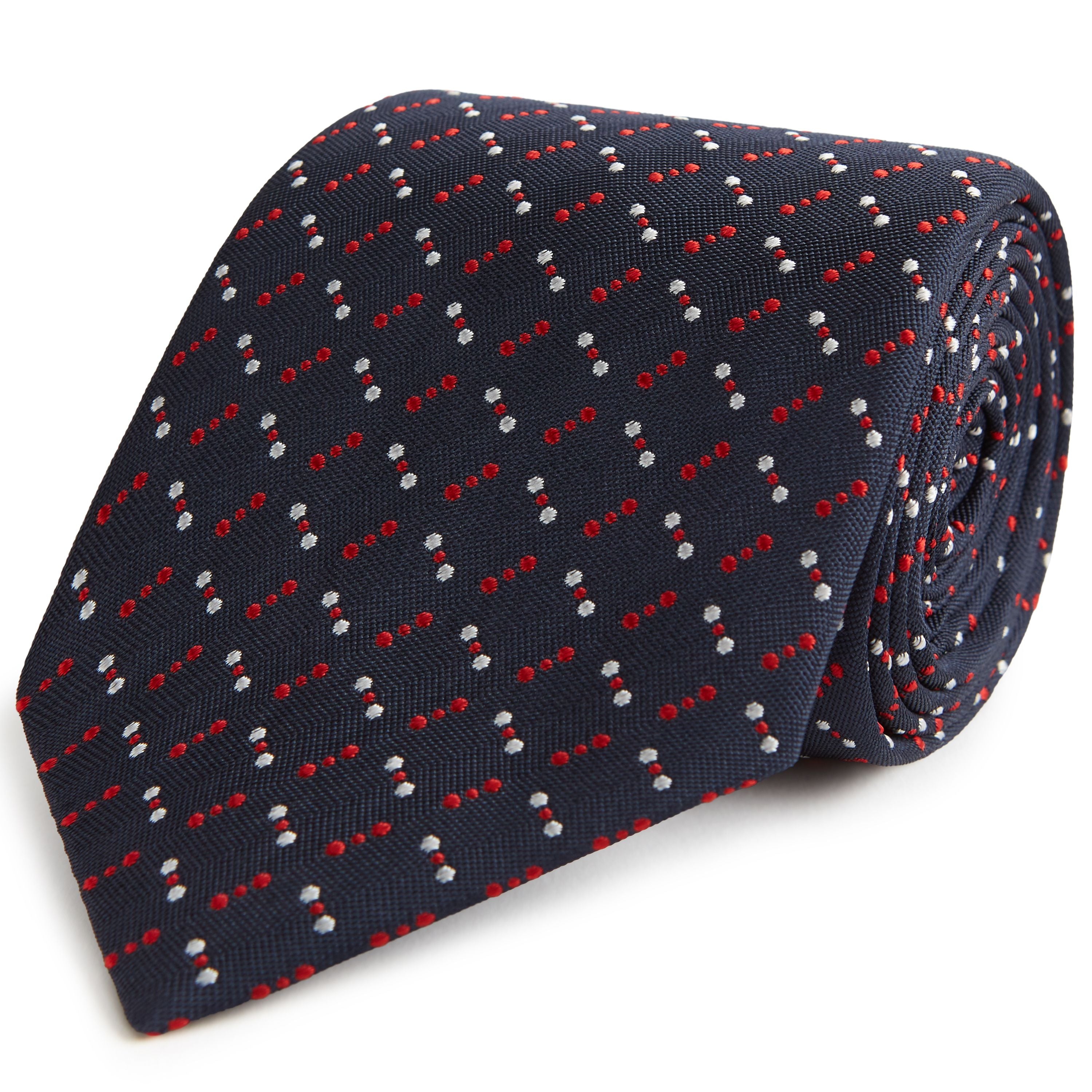 Navy and Red Micro Dotted Line Woven Silk Tie for Men - Classic Business Necktie for Office, Wedding & Formal Occasions