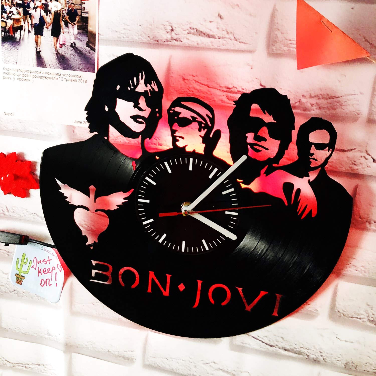Bon Jovi LED Backlit Vinyl Wall Clock - Red Illuminated Night Light for Living Room Decor | Creative Classic Timepiece with Atmosphere Lighting for Bedroom, Office & Man Cave