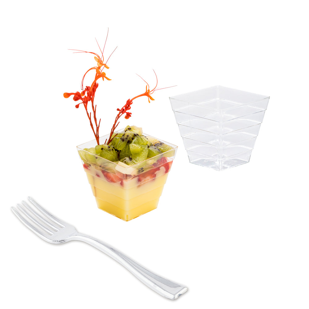 100 Pack 2 oz Square Clear Plastic Mini Apothecary Cups with 100 Silver Plastic Mini Forks - Perfect for Wedding Favors, Party Desserts, Candy Buffets & Baby Showers