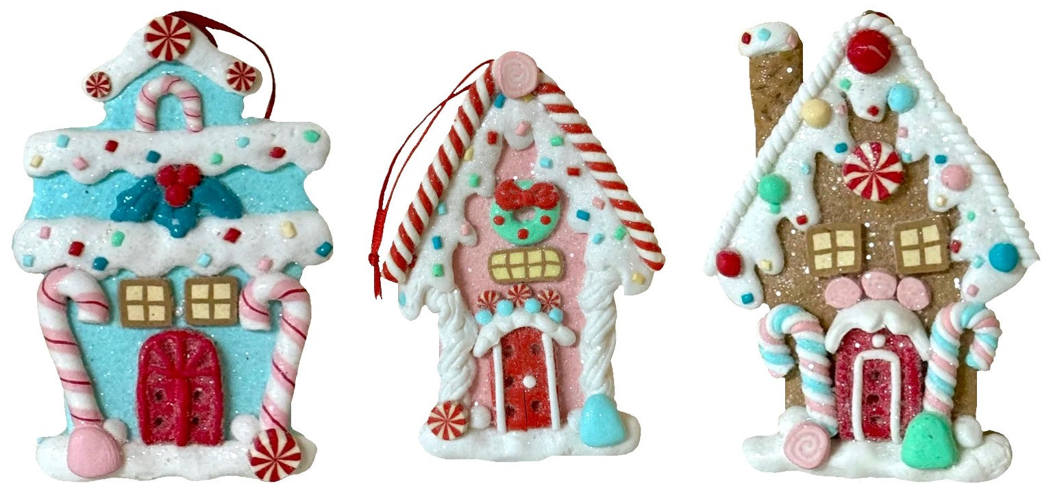 5 Pack Frosted Gingerbread House Christmas Ornaments - Handmade Holiday Decor for Tree, Mantel & Festive Home Decorations