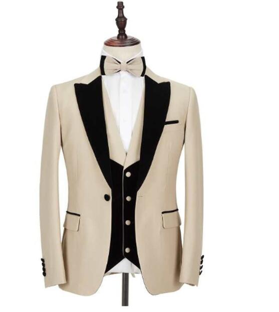 Men's 3-Piece Beige & Black Wedding Tuxedo Suit - Formal Prom Tuxedos CB3619 | Perfect for Weddings, Proms, Black Tie Events & Special Occasions