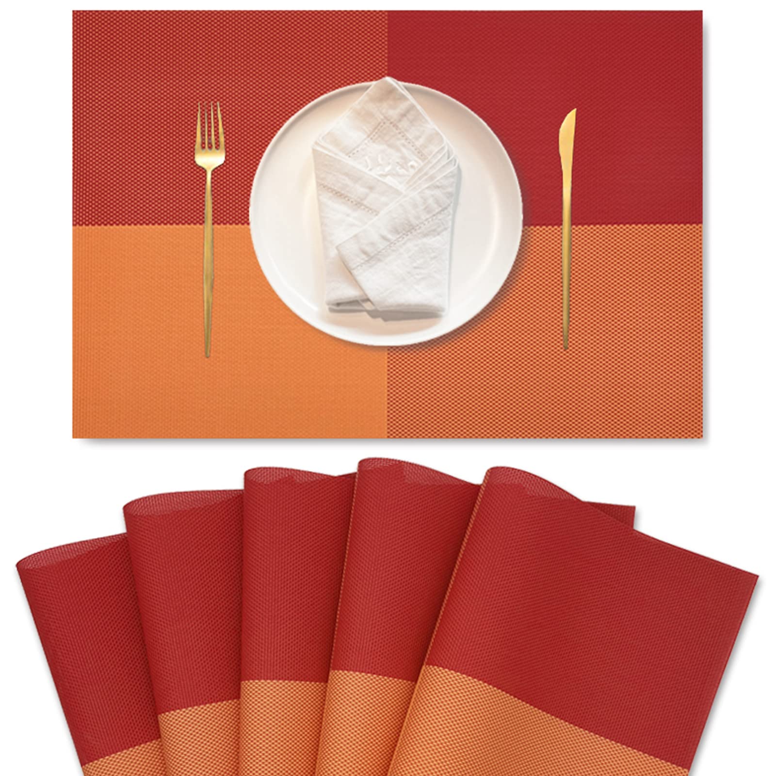 6-Pack PVC Heat-Resistant Placemats Set - Double Sided Washable & Easy Clean Table Mats for Dining, Kitchen, Restaurant - Orange Red Color - Perfect for Everyday Meals, Dinner Parties & Holiday Gatherings