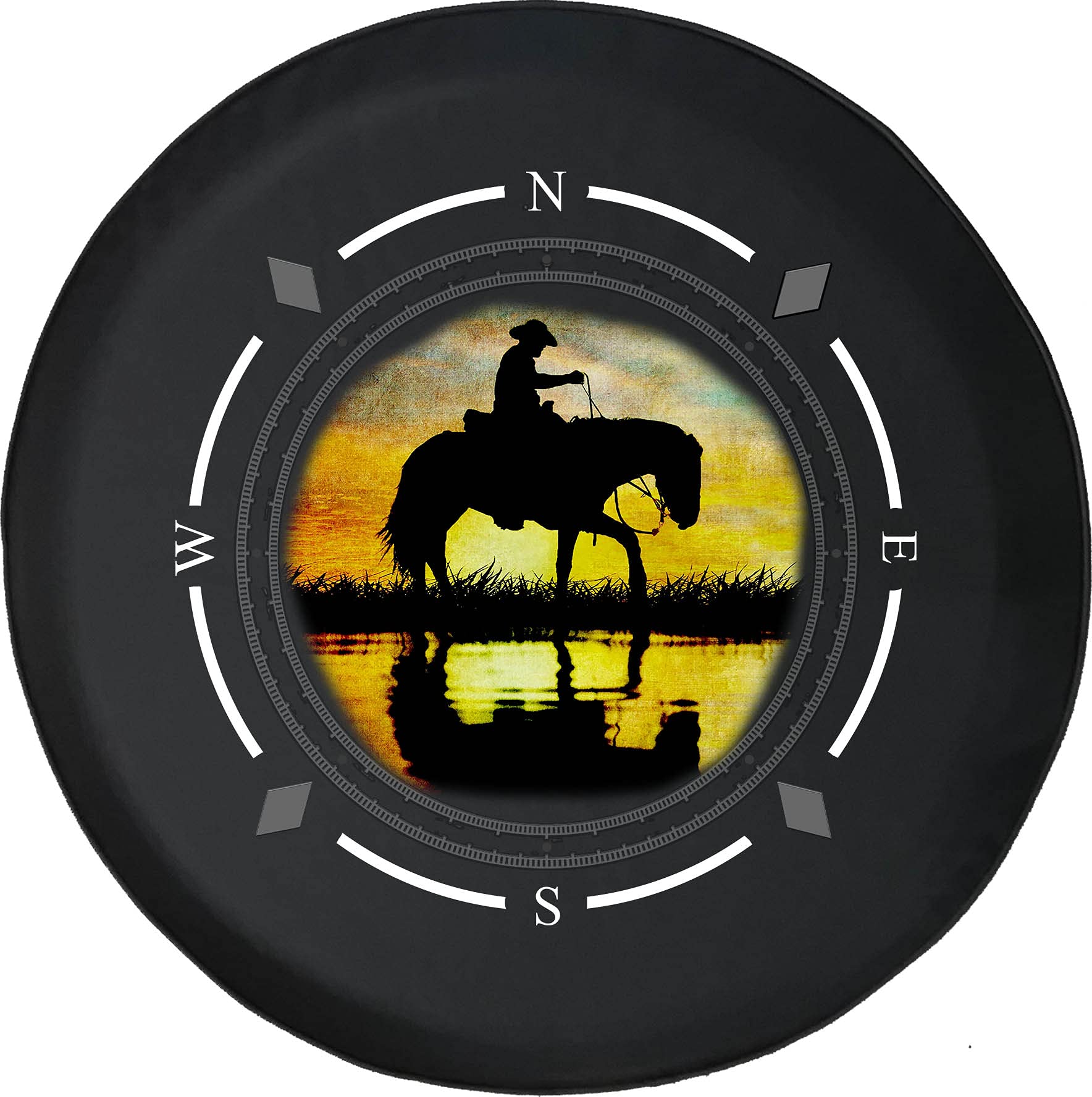 American Unlimited Spare Tire Cover with Compass Lake Sunset Horse Design - Universal Fit for SUV, Trailer, RV & Most Vehicles - Durable Wheel Protector for Outdoor Adventures & Road Trips