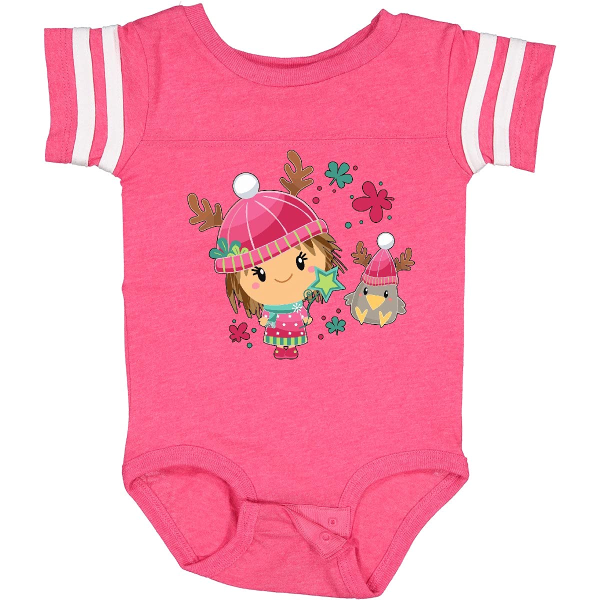 Inktastic Cute Winter Christmas Girl and Crow in Hats Baby Bodysuit - Soft Cotton Infant Onesie for Holiday Photos & Family Gatherings