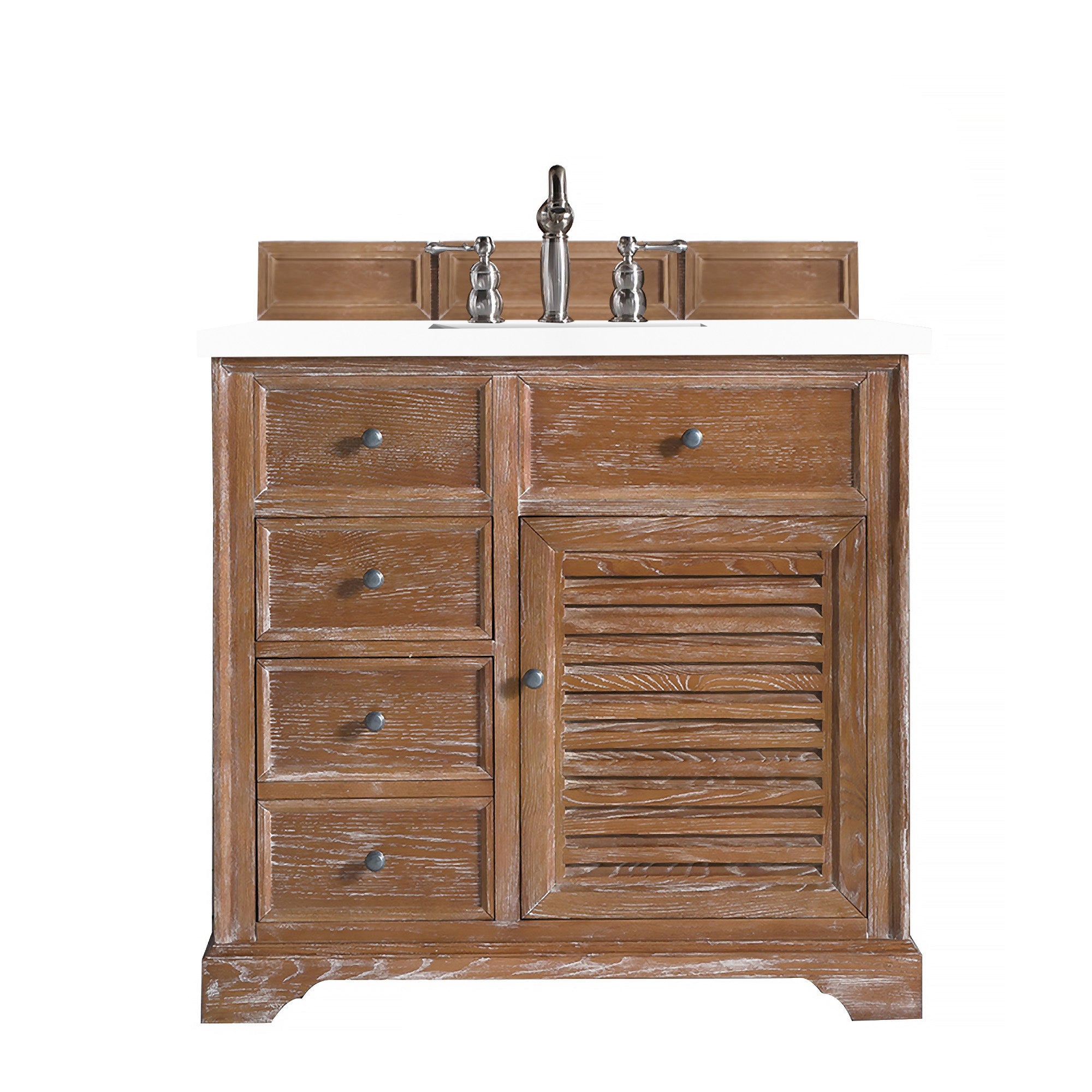 Savannah 36 Inch Single Vanity Cabinet in Driftwood Finish with 3CM Classic White Quartz Top - Perfect for Bathroom Remodeling and Modern Home Decor