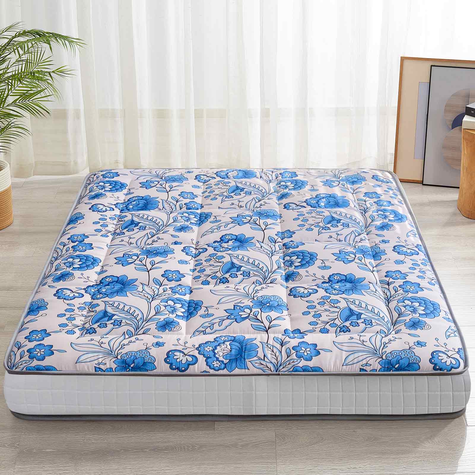 MAXYOYO 4 Extra Thick Japanese Futon Bed - Premium Floor Mattress with Blue Floral Design for Home & Guest Room | Comfortable Sleeping Solution for Small Spaces & Minimalist Living