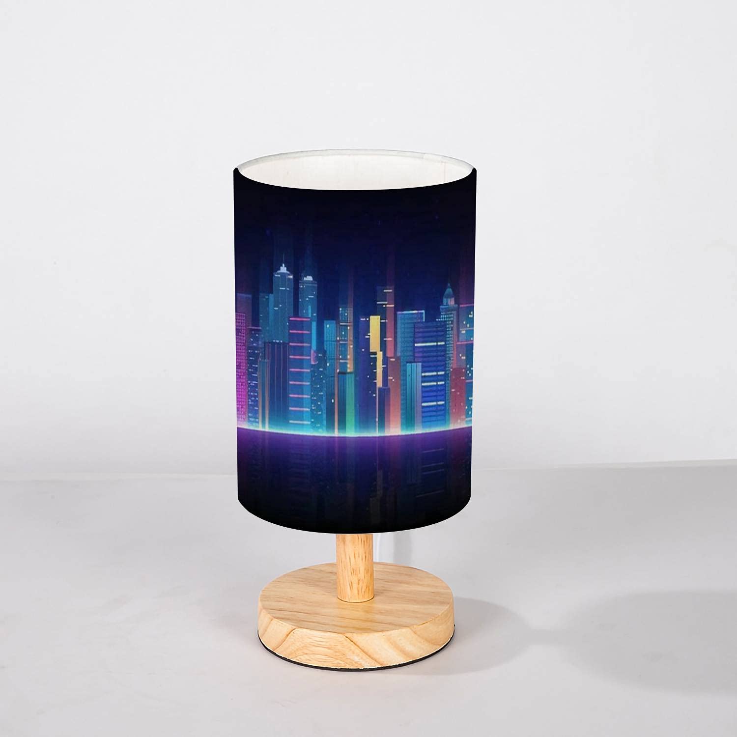 Modern Wooden Nightstand Lamp with Flaxen Fabric Shade - Minimalist Bedside Table Light with Futuristic Cityscape Design for Bedroom, Living Room & Office - Perfect for Reading, Relaxation and Ambient Lighting