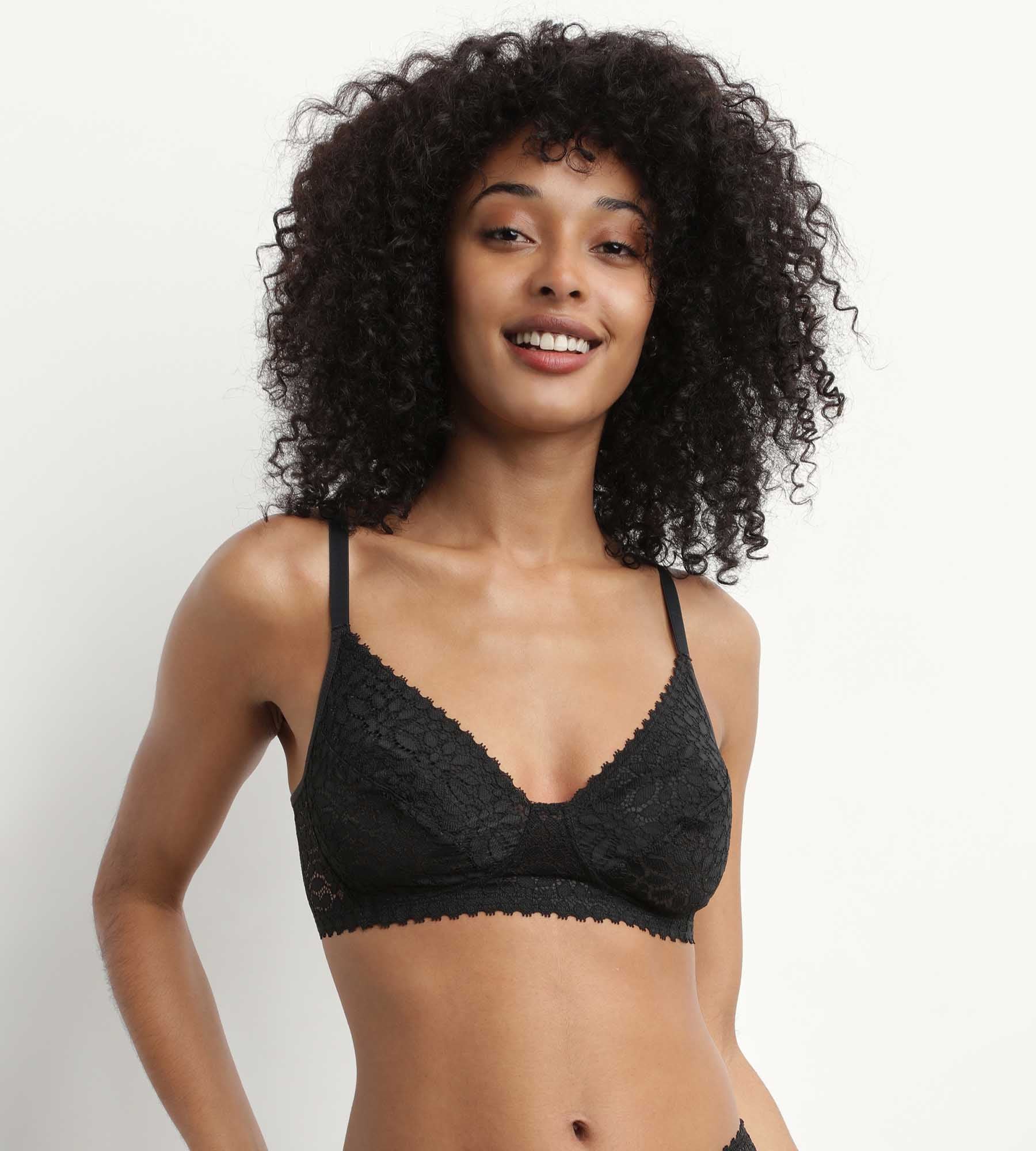 Wireless Triangle Bralette Floral Lace Black - Comfortable Everyday Wear for Yoga, Lounge & Sleep