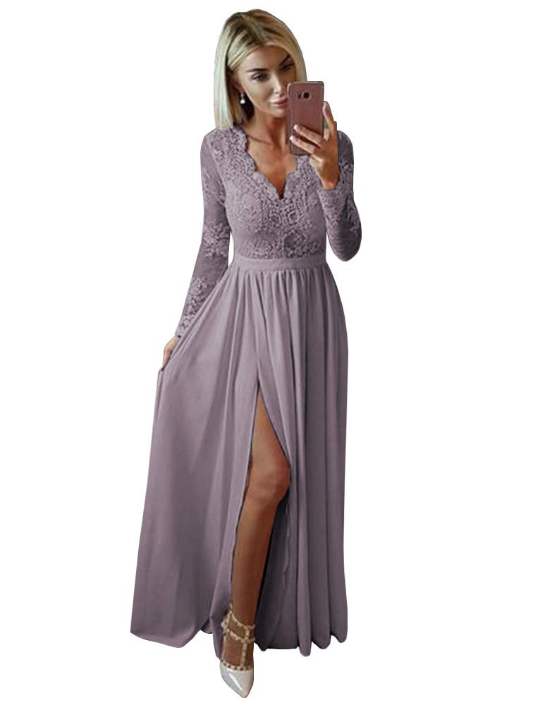 Elegant POMUYOO Women's V-Neck A-Line Lace Chiffon Prom Dress - Long Sleeve Formal Evening Gown with High Slit for Homecoming, Wedding Guest, Cocktail Party & Special Occasions