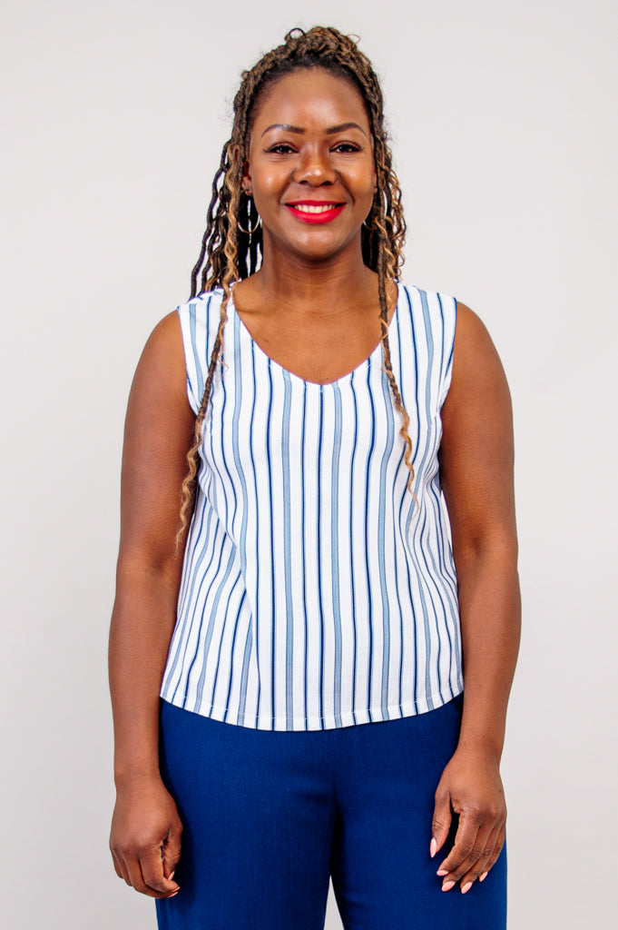 Havana Tank Top - Indigo Stripe Linen Bamboo Blend Women's Shirt - Perfect for Summer Outfits, Beach Wear & Casual Style