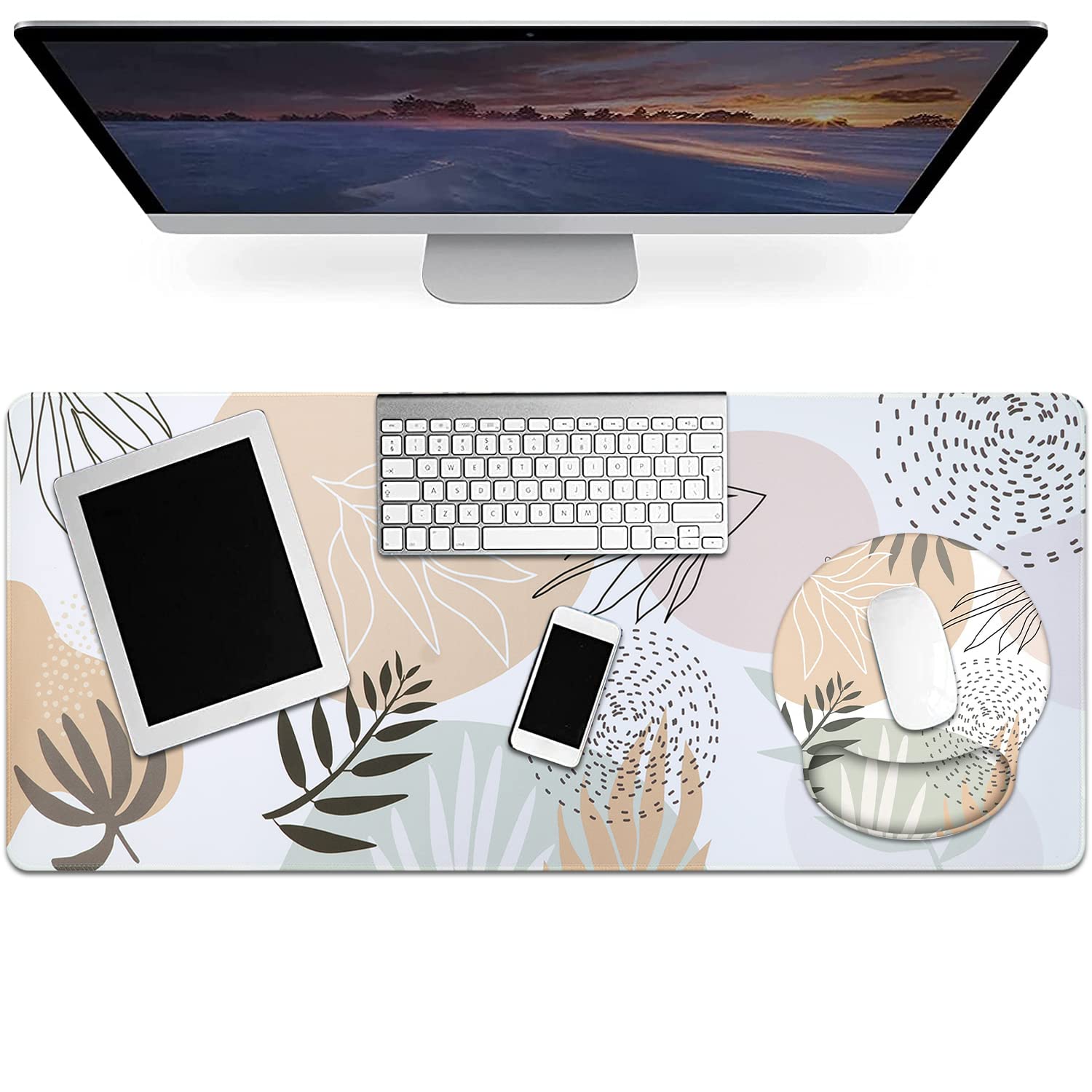 iLeadon Ergonomic Mouse Pad with Wrist Support - Non-Slip Rubber Base Gaming Mouse Pad Set for Home & Office - Pain Relief Mouse Mat with Tropical Leaves Design - Perfect for Computer Work, Gaming & Typing