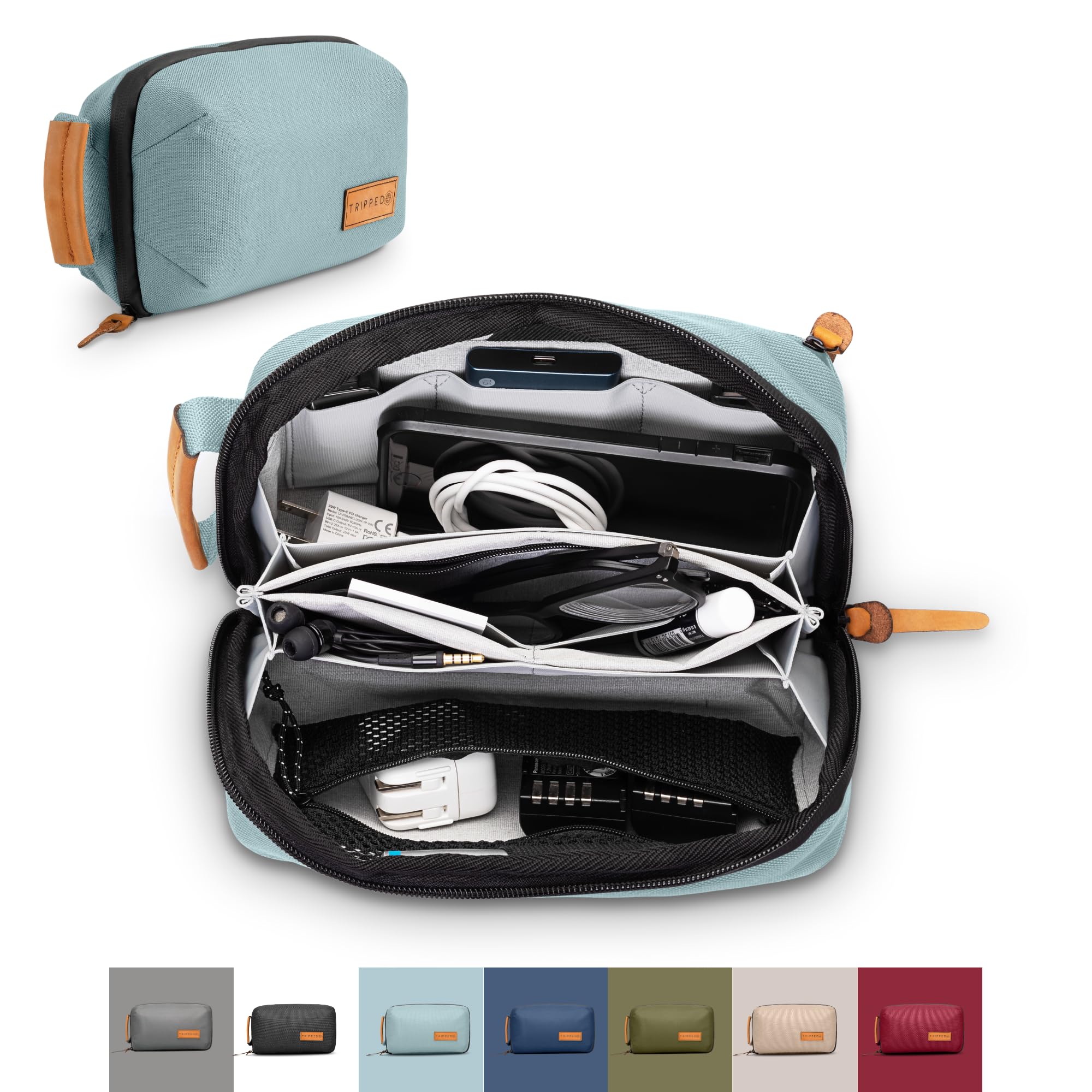 Premium Tech Bag Organizer - Small Electronics Travel Pouch with Leather Accents & Mesh Pockets for Cables, Chargers & Accessories (Dusty Teal) - Perfect for Business Trips, Commuting & Daily Organization