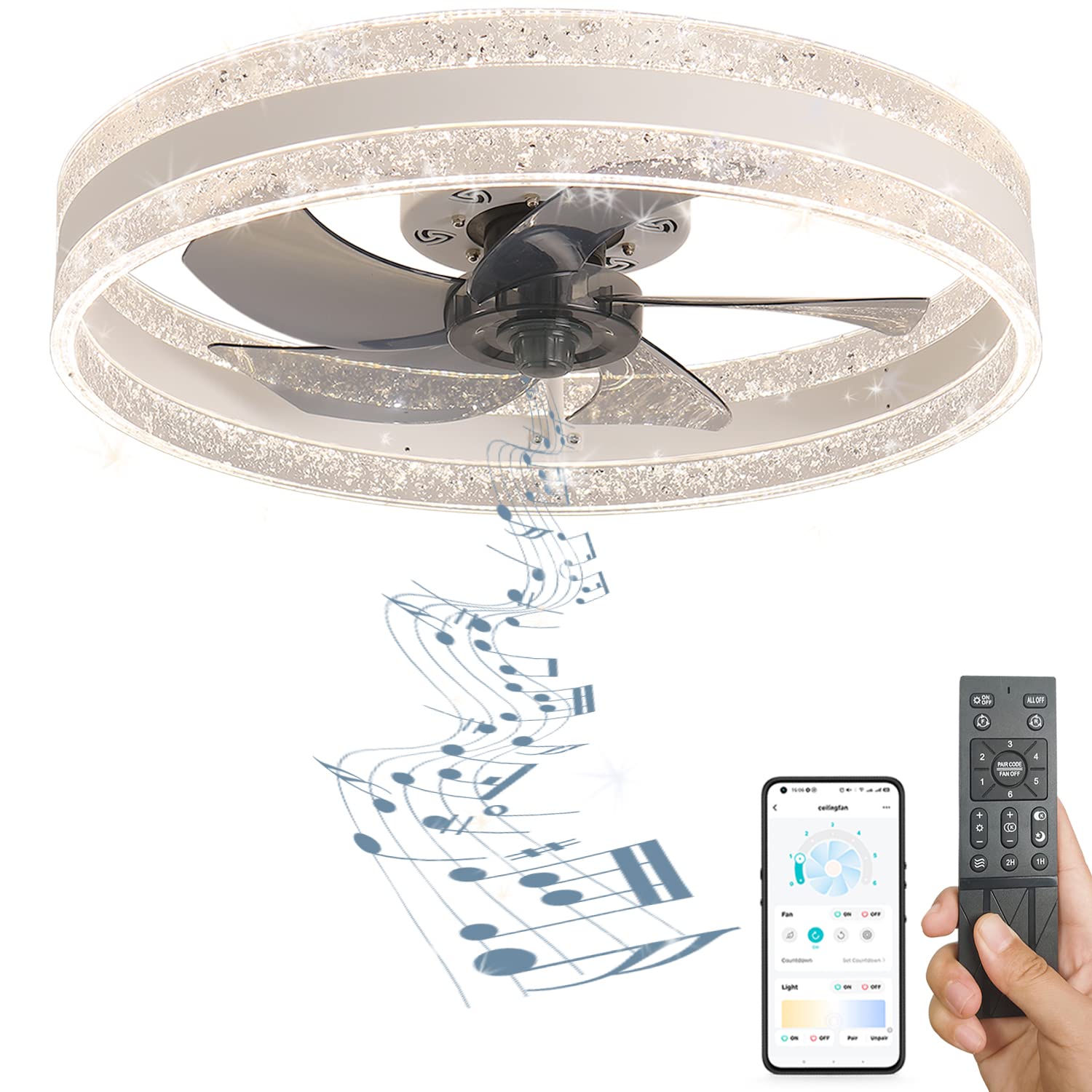 ELFTEAPOT Low Profile Flush Mount Ceiling Fan with LED Lights, Bluetooth Speaker, Remote & APP Control - Perfect for Bedroom, Living Room, and Office Spaces