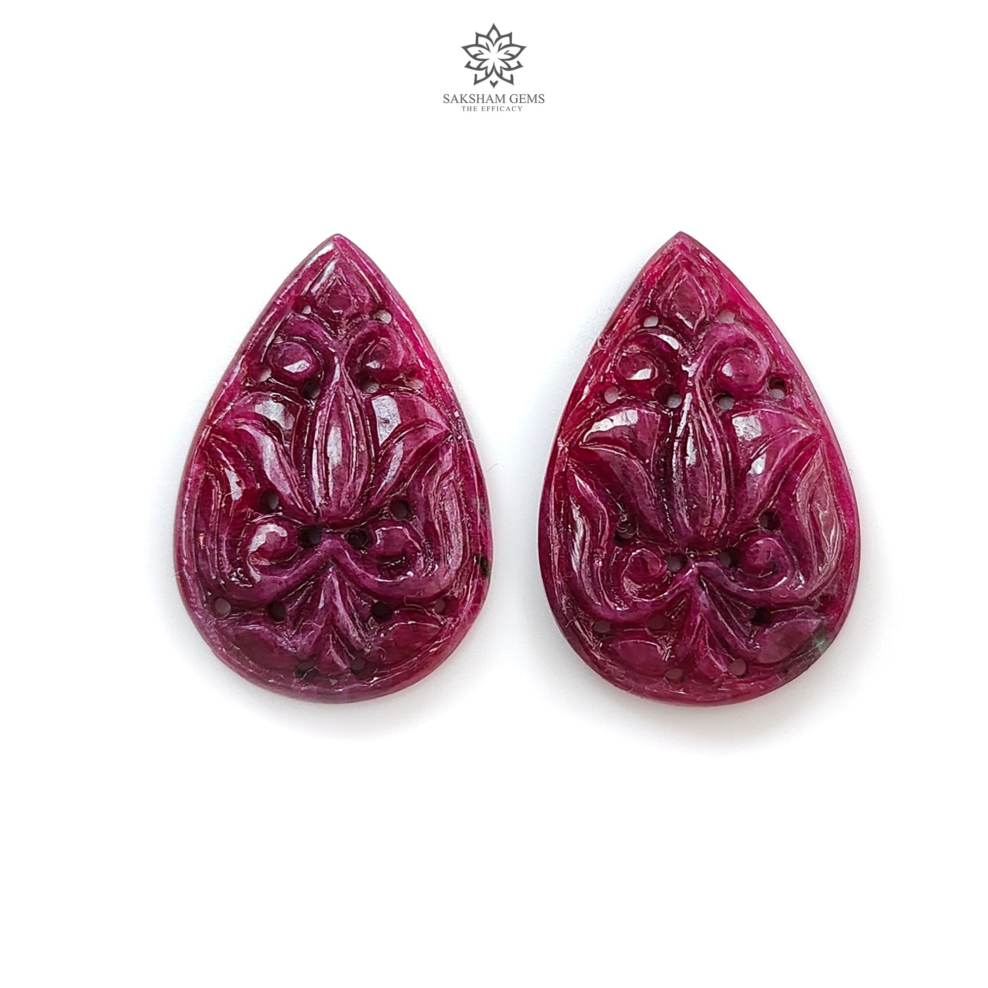 Natural Untreated 31.80cts Purple Ruby Gemstone Pear Shape Carving - 26x17.5mm Handcrafted Red Ruby Pair for Jewelry Making, Engagement Rings & Luxury Gifts