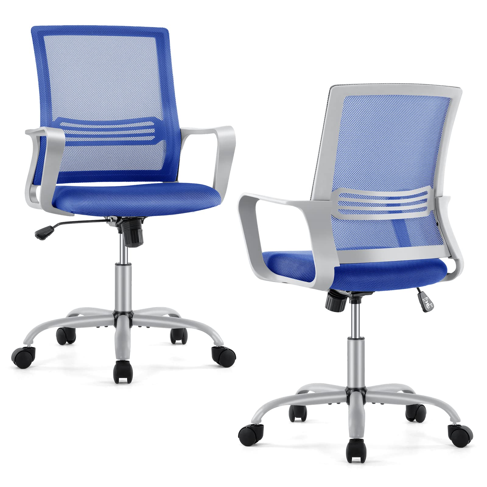 Ergonomic Office Chair with Lumbar Support - Adjustable Mid Back Desk Chair with Wheels & Armrests for Home Office, Computer Work, and Gaming - Comfortable Blue Task Chair for Adults