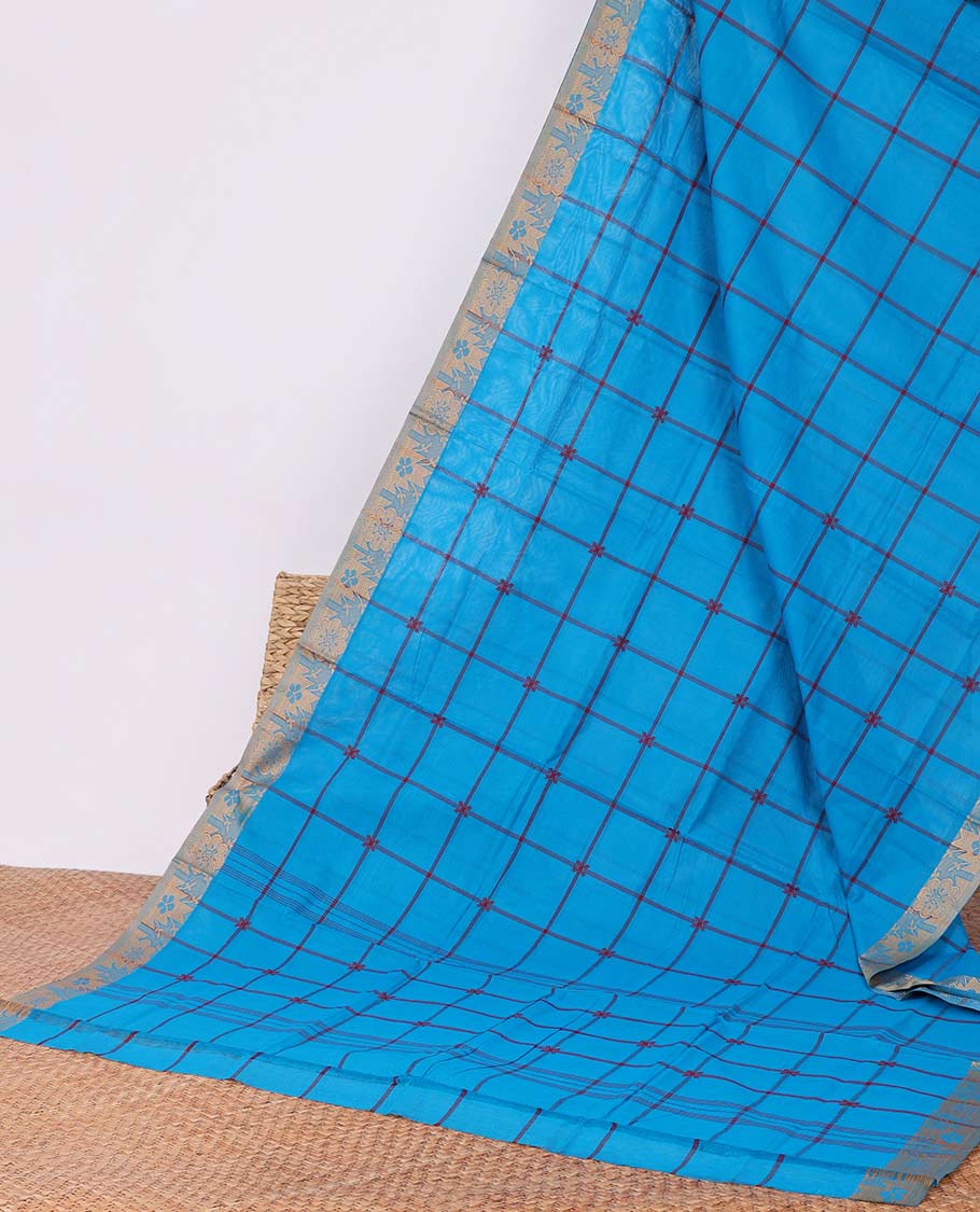Blue Chettinad Cotton Saree with Buttas and Contrast Temple Motifs Border - Elegant Traditional Indian Attire for Weddings, Festivals & Cultural Events