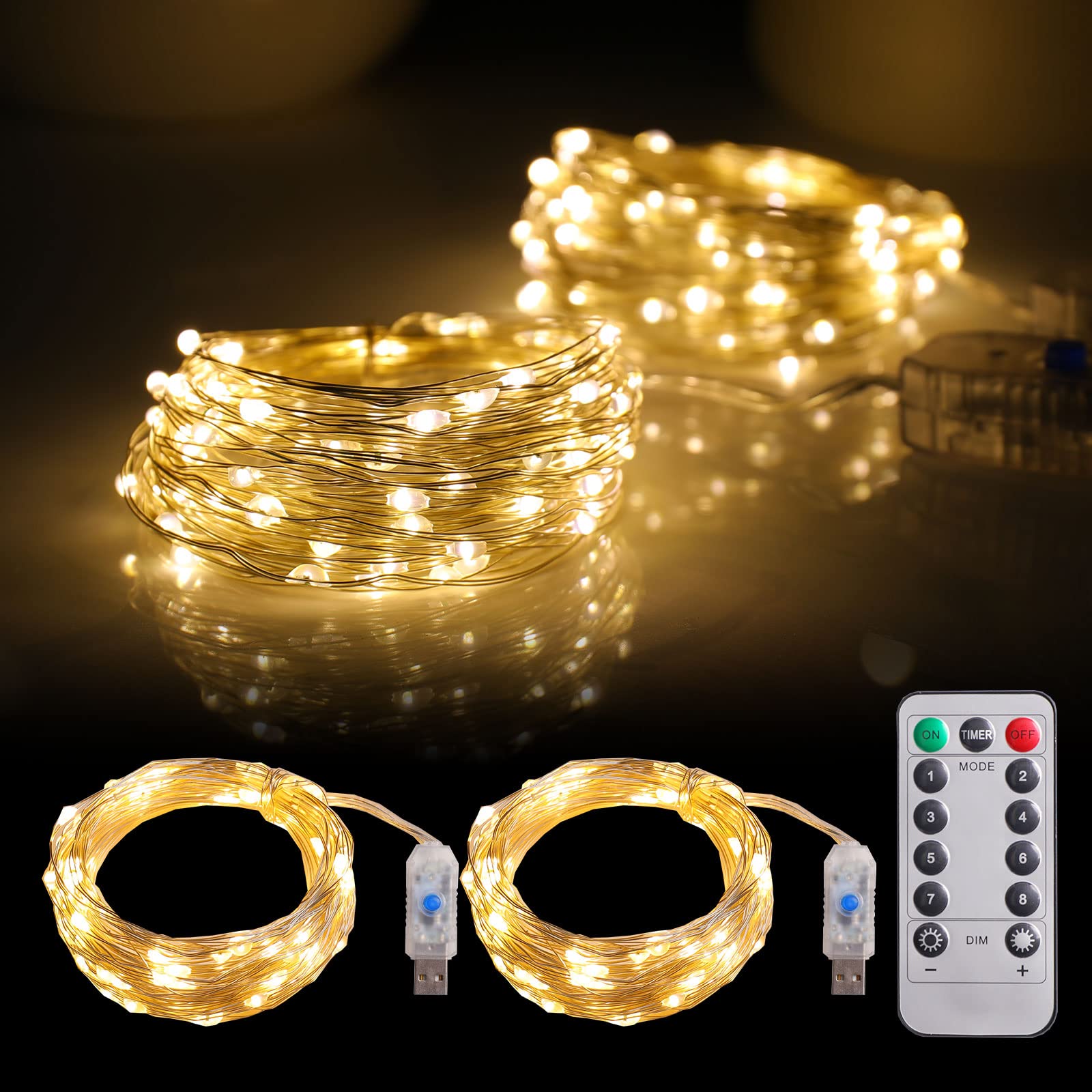 2 Pack 100 LED Fairy Lights - 33ft USB String Lights with Remote for Home Decor (Warm White) - Perfect for Christmas & Bedroom