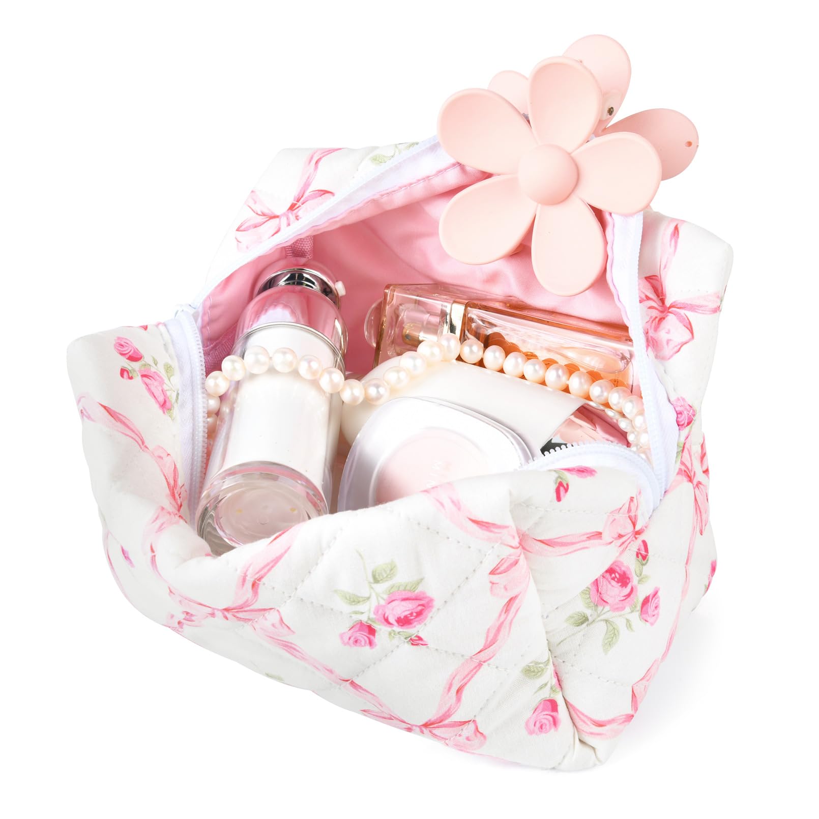 SOIDRAM Floral Quilted Puffy Cosmetic Bag - Aesthetic Cute Makeup Pouch for Women | Travel Toiletry Organizer | Cotton Makeup Brushes Storage | Perfect for Travel, Gym & Daily Use