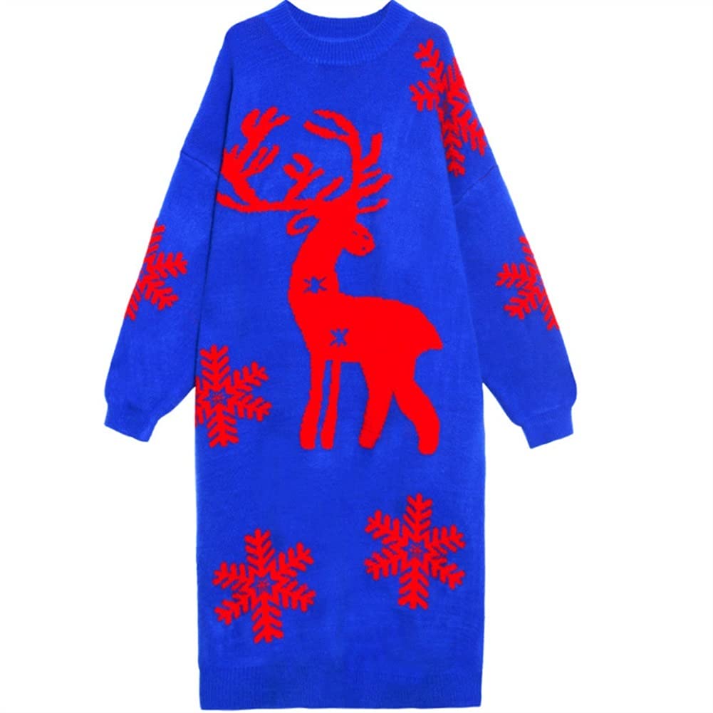 Women's Christmas Mid-Length Sweater - Blue Elk Print Padded Plus Size Warm Knitwear for Autumn & Winter | Cozy Holiday Outfit, Casual Office Wear & Cold Weather Fashion (Color: Blue, Size: One Size)