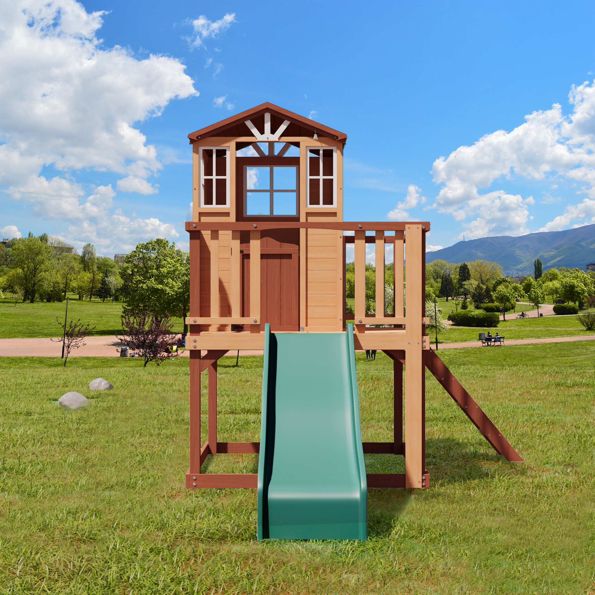 Erommy Kids Wooden Playhouse - Outdoor Fir Tree House with Slide, Climbing Ladder & Play Kitchen | Durable Wooden Playhouse for Children Ages 4-8 | Perfect for Backyard, Garden & Outdoor Playtime