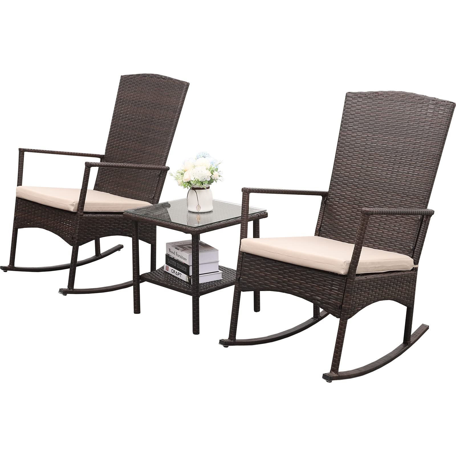 Outdoor PE Wicker Rocking Chair Set - 3-Piece Patio Furniture with 2 Rattan Rocker Armchairs & Glass Coffee Table, Washable Khaki Cushions - Perfect for Garden, Porch, and Backyard Relaxation