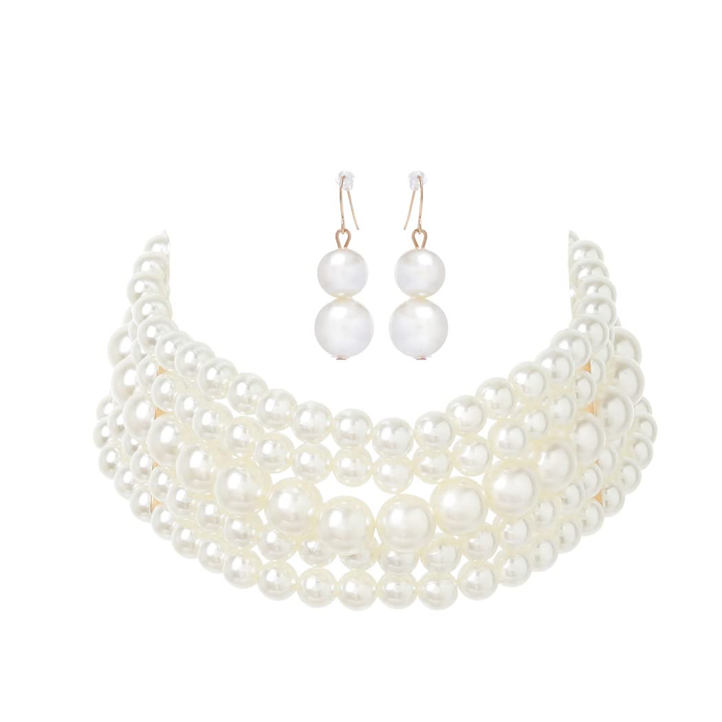 Vintage Pearl Choker Necklace Set with Earrings for Women - 1920s Flapper Wedding & Party Jewelry