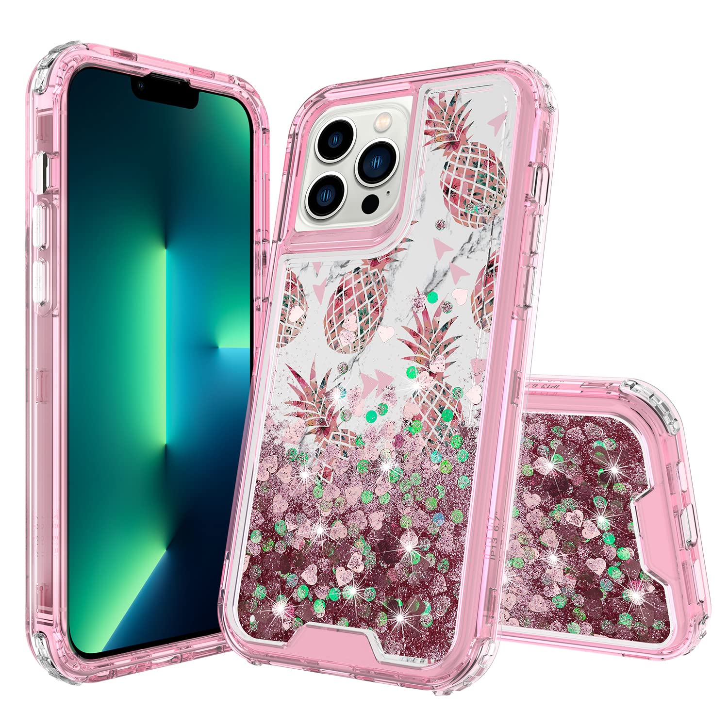 iPhone 13 Pro Max Case - Rosebono 3-in-1 Hybrid Protective Cover with Graphic Gradient, Quicksand Glitter & Liquid Floating Design, Shockproof Bumper Frame (Marble Pineapple Pattern) | Perfect for Daily Use, Travel & Outdoor Activities