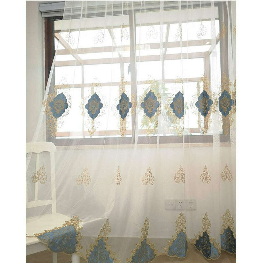Brittany Velvet Embroidered White Sheer Blue Curtains - Elegant Window Treatments for Living Room & Bedroom Decor