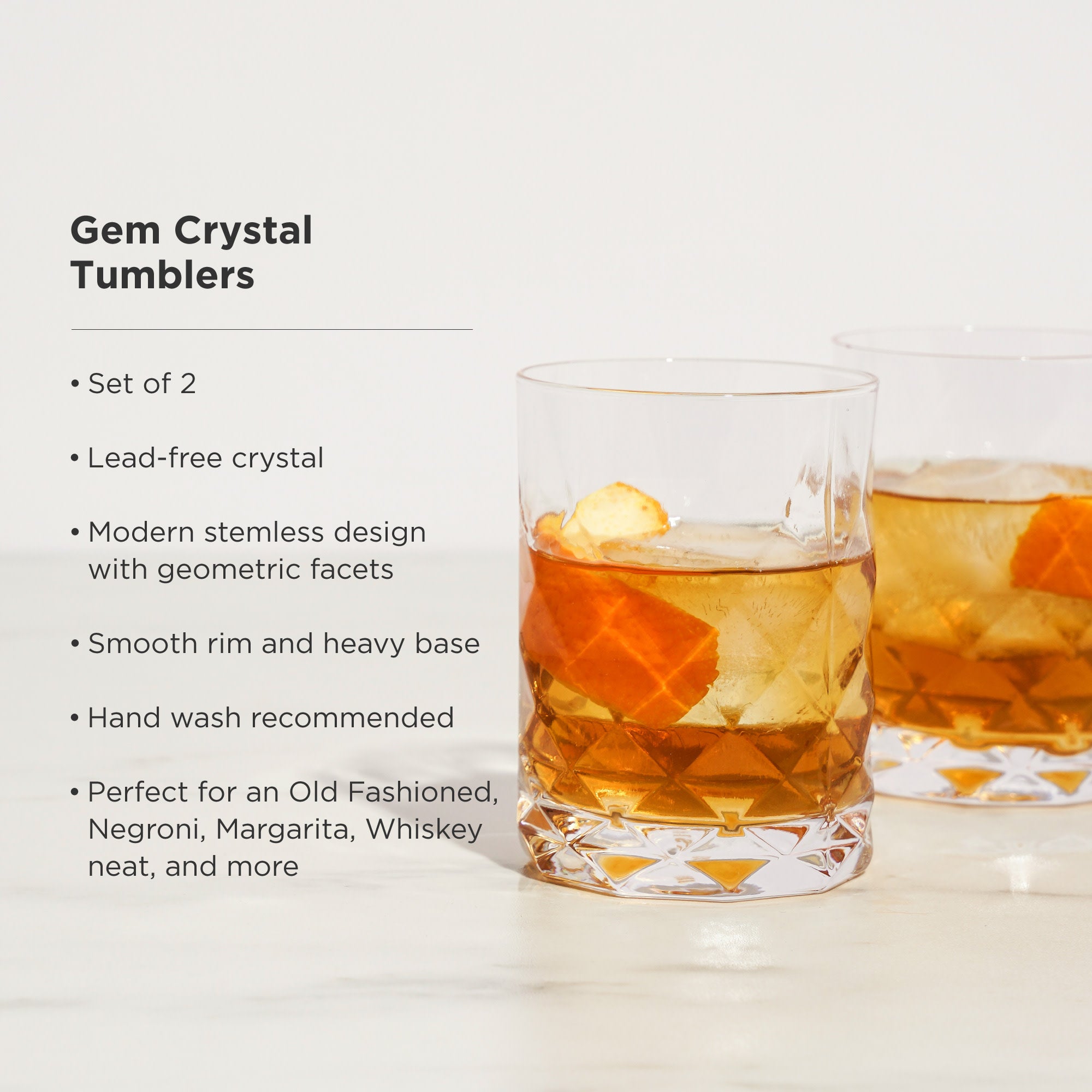 Premium Gem Crystal Tumblers Set of 2 - Elegant Glass Cups for Whiskey, Cocktails & Iced Coffee - Perfect for Home Bar, Dinner Parties & Gifts