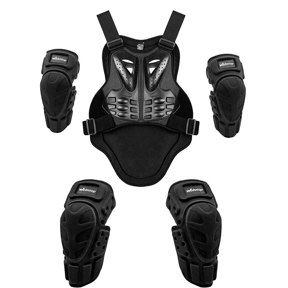 Webetop Adult & Youth Motorcycle Armor Vest Size L with Dirt Bike Knee Pads, Shin Guards & Elbow Pads - 6pc Protective Gear Set (Black) | Ideal for Motocross, ATV Riding & Extreme Sports Safety