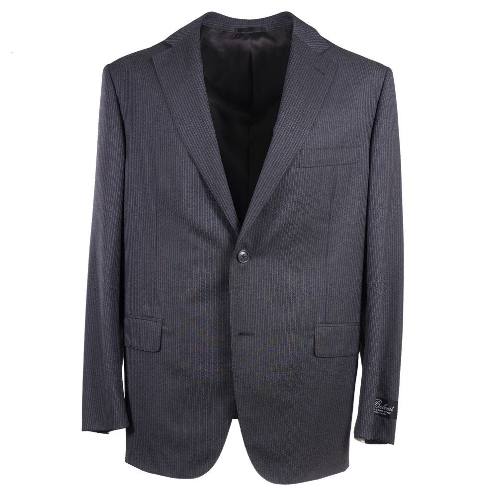 Premium Belvest Gray Stripe Super 130s Wool Suit for Men - Business Formal Attire & Wedding Suit - Perfect for Office, Interviews & Special Occasions
