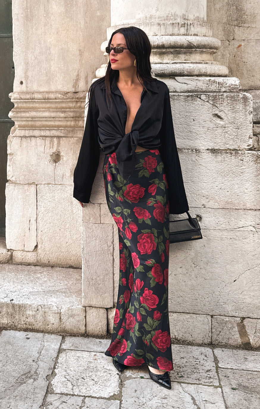Elegant Maci Maxi Skirt with Rose Print - Boho Floral Midi Skirt for Women | Perfect for Summer, Beach, and Casual Outings