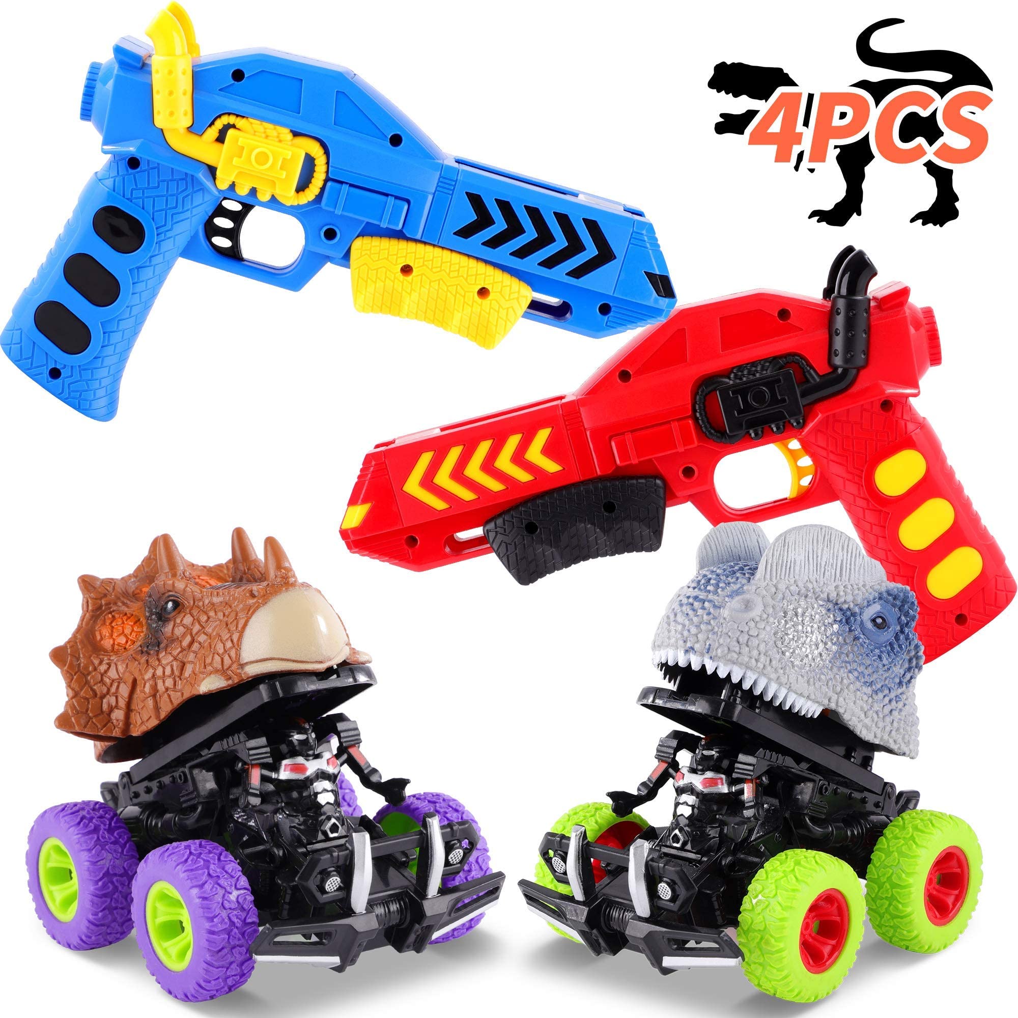 FiGoal 2-Pack Dinosaur Toy Cars with Launcher Guns - Friction Powered Vehicle Playset for Boys & Toddlers - Dino Race Battle Game, Birthday Gift for Kids (Indoor/Outdoor Play)