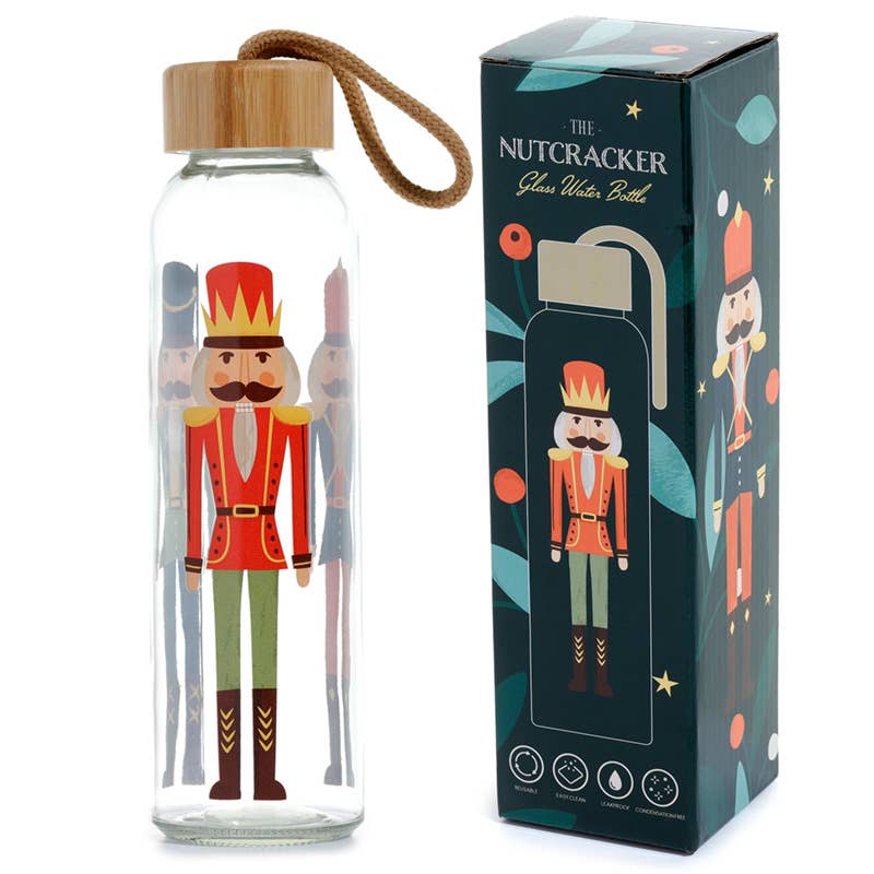 Christmas Nutcracker Glass Bottle with Bamboo Lid - Holiday Themed Decorative Water Bottle for Festive Parties, Home Decor & Gift Giving