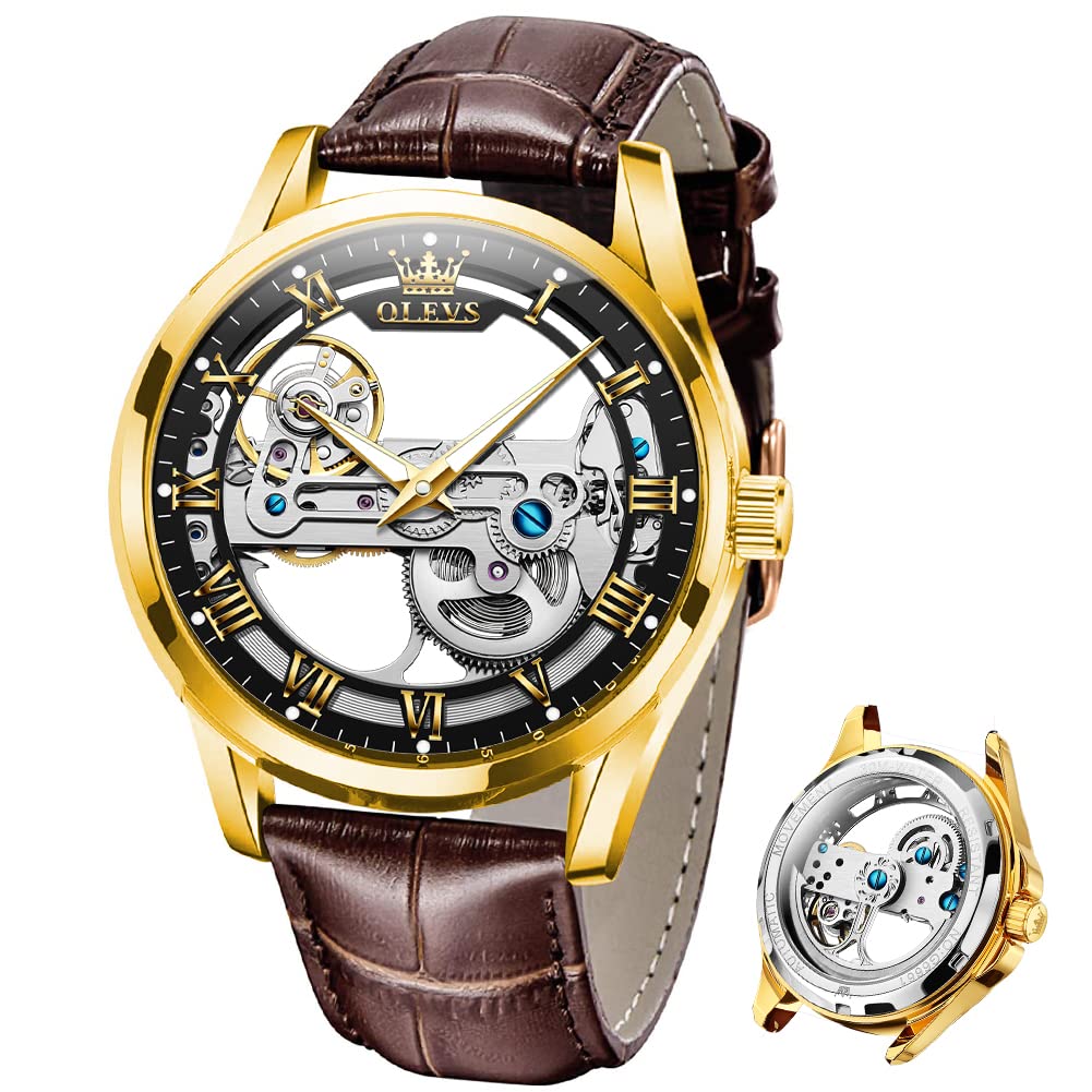 OLEVS Men's Automatic Skeleton Watch - Waterproof Mechanical Watch with Genuine Leather Strap, Luminous Hands, Classic Luxury Design - Perfect for Business, Formal Events & Everyday Wear