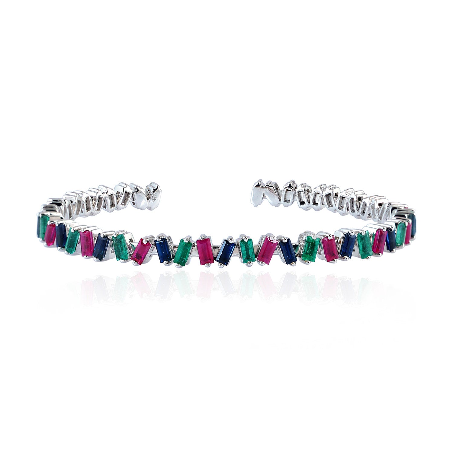 18K White Gold Baguette Ruby Blue Sapphire Emerald Open Cuff Bracelet for Women - Perfect for Weddings, Anniversaries & Special Occasions