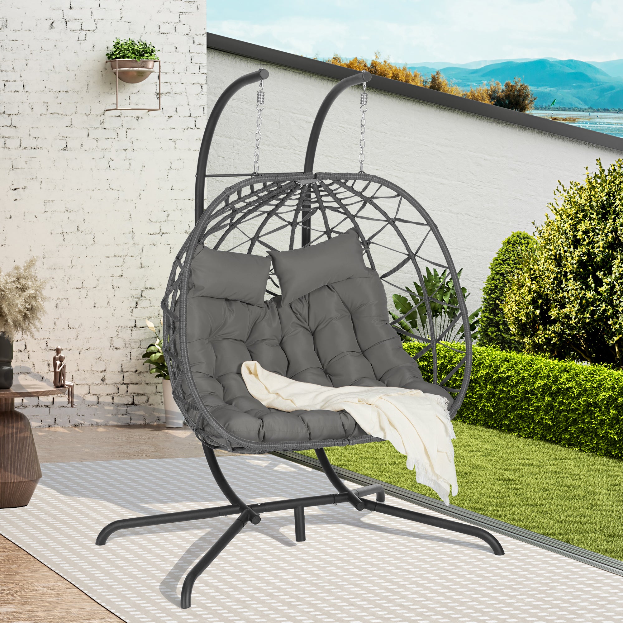 Double Egg Chair with Stand - Hanging Indoor/Outdoor Wicker Rattan Swing Chair with UV-Resistant Cushions (600 lbs Capacity) - Perfect for Bedroom, Balcony, Patio & Garden Relaxation