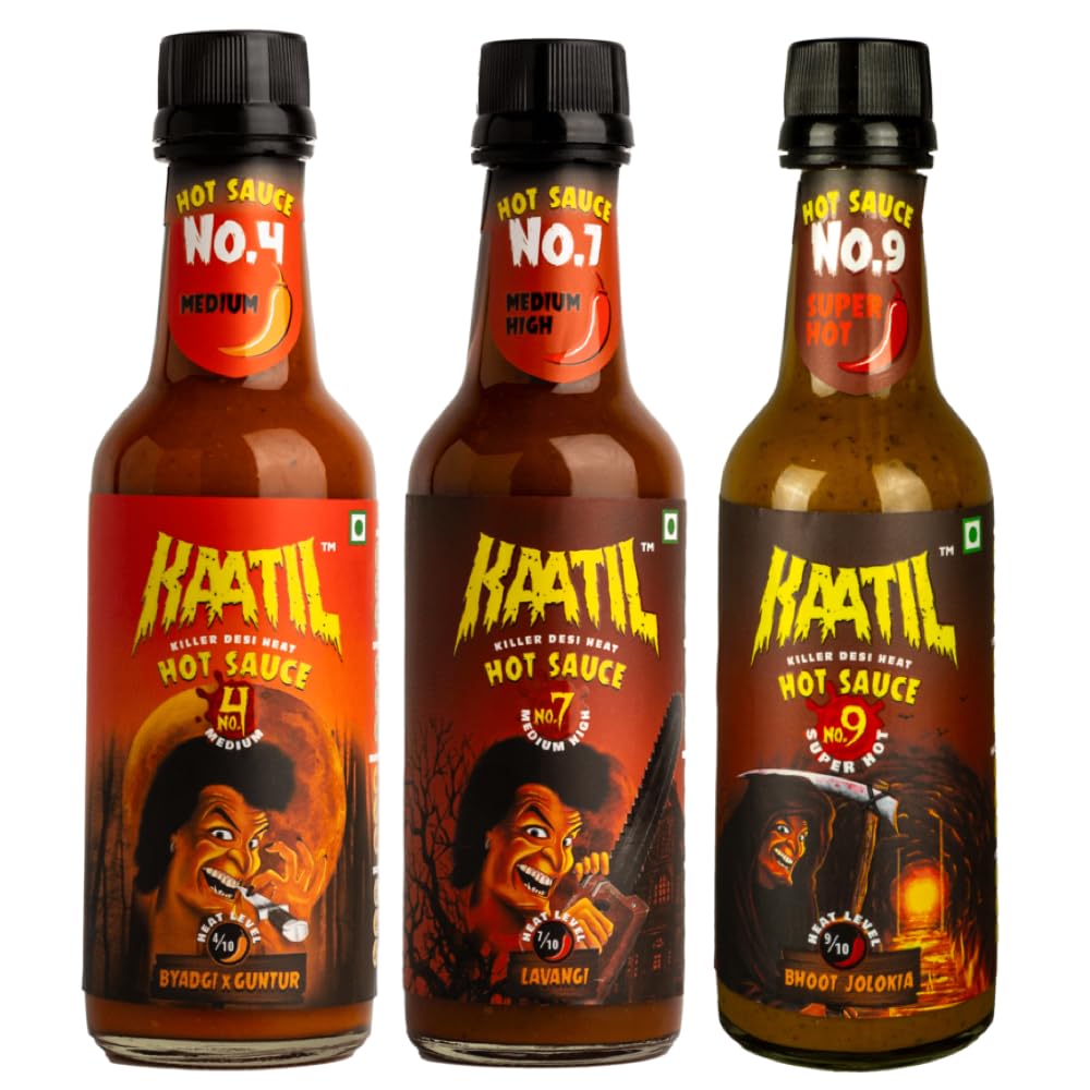 Kaatil Hot Sauce Variety Pack (3 Bottles) - Medium & Super Hot Sauces with Authentic Indian Chillies & Bhoot Jolokia | Perfect for Dips, Spreads, Marinades, and Sauteing | Great Gift Set for Spicy Food Lovers | All-Natural Heat | Ideal for BBQs, Tacos, Wings & Hot Sauce Challenges