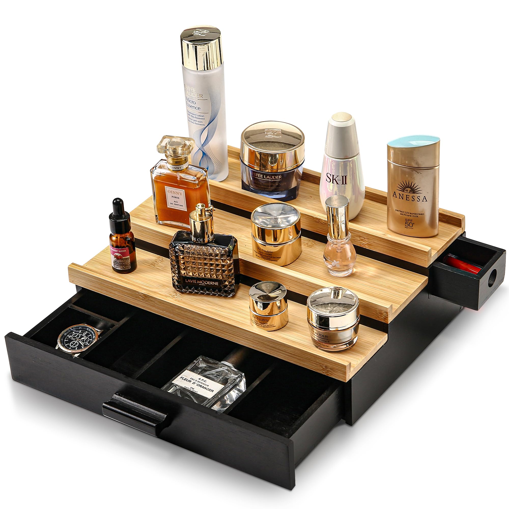 3 Tier Wooden Cologne Organizer for Men with Hidden Compartment & Drawer - Luxury Cologne Stand & Fragrance Storage - Perfect for Dresser, Bathroom Countertop or Vanity Organization