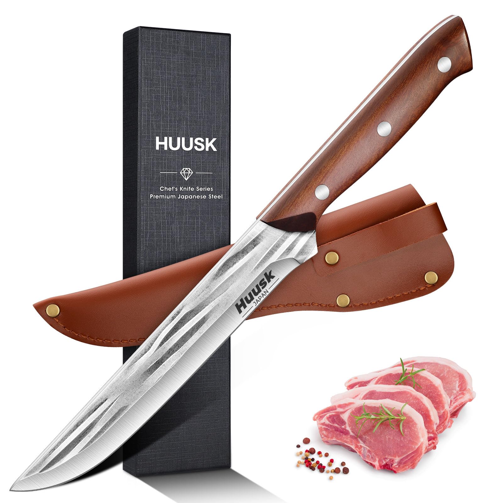 Premium Japanese Huusk 7-Inch Fillet Knife - High Carbon Steel Hand-Forged Boning Knife with Sheath | Professional Meat Cutting, Kitchen Cooking & Camping BBQ Tool | Ideal for Chefs, Home Cooks & Outdoor Enthusiasts | Perfect Father's Day Gift for Grilling & Food Preparation