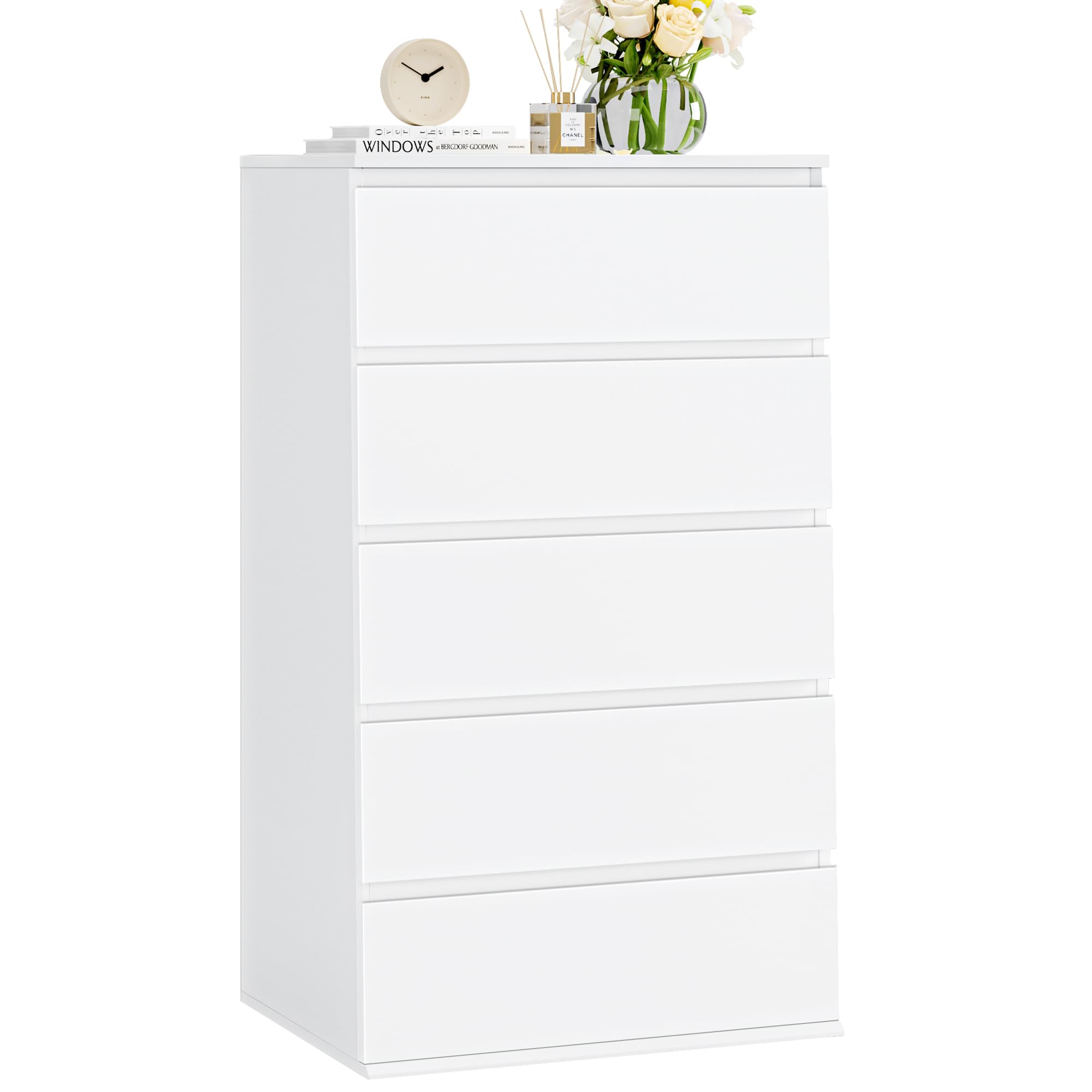FOTOSOK 5-Drawer White Dresser with Large Storage Space - Modern Tall Chest of Drawers for Bedroom, 23.6