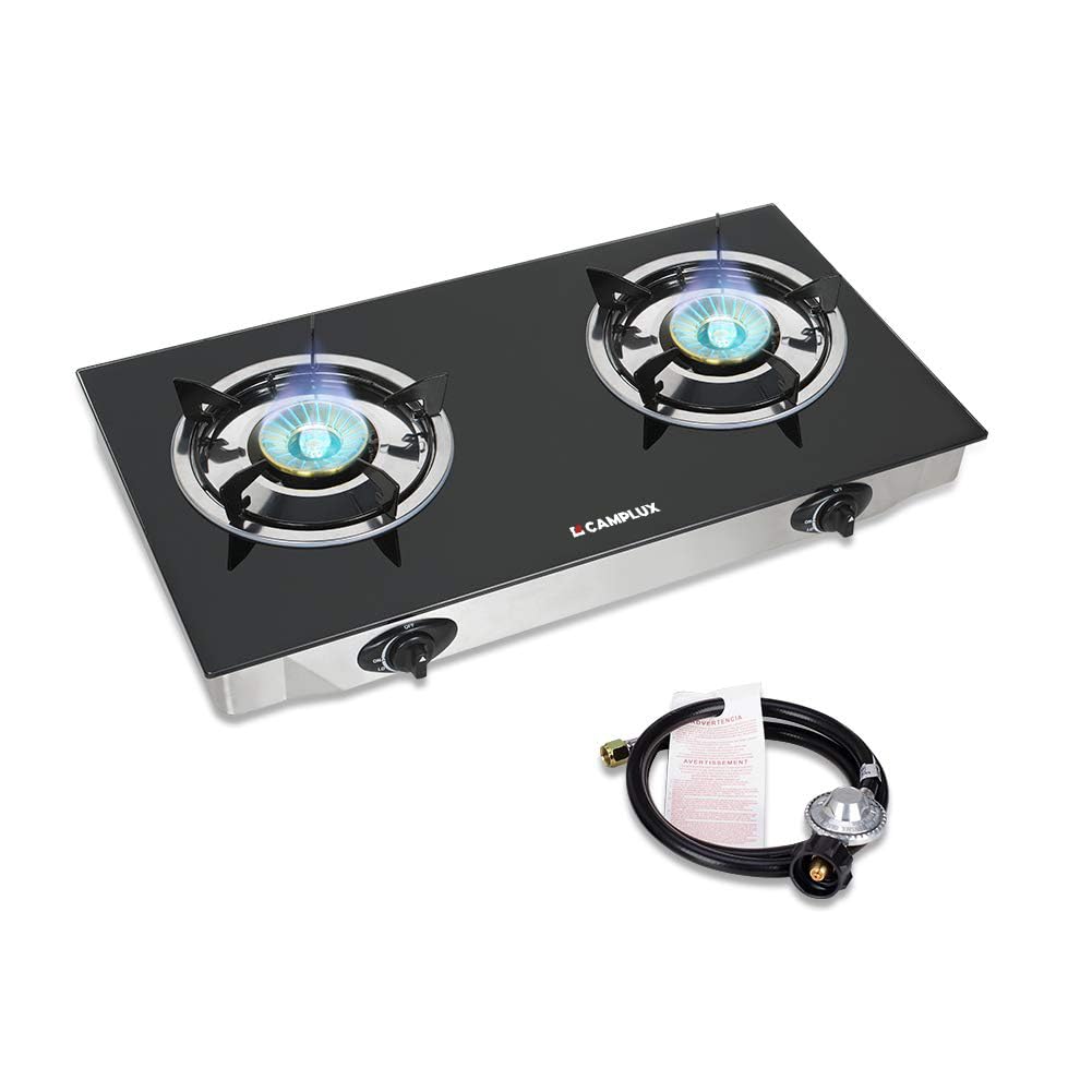 Camplux 2 Burner Propane Gas Cooktop with Tempered Glass & Auto Ignition - Portable Outdoor Stove for Camping, RV, Picnics & Backpacking