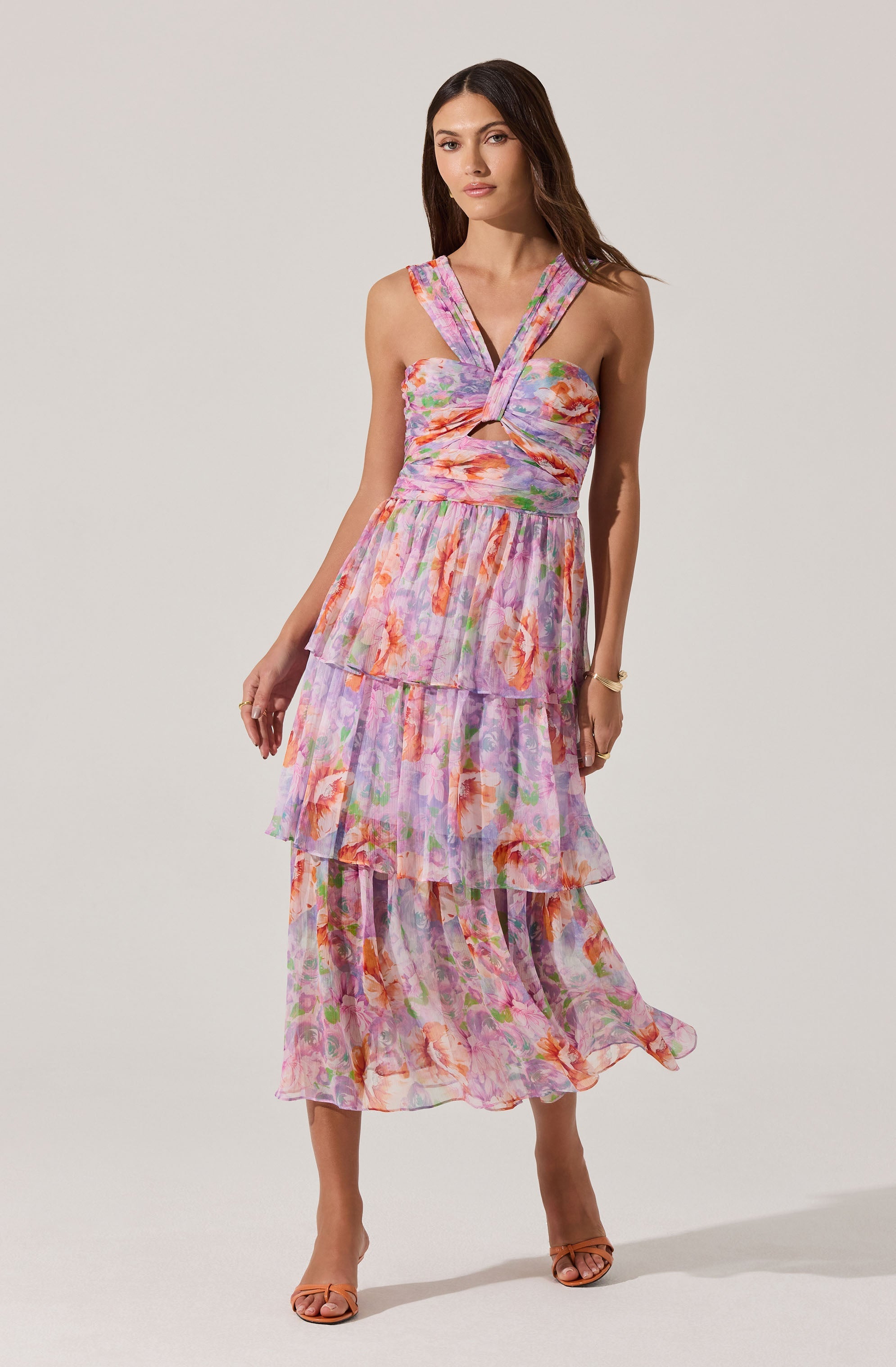 Floral Cutout Tiered Midi Dress for Women - Summer Boho Chic Dress for Beach, Vacation & Date Night