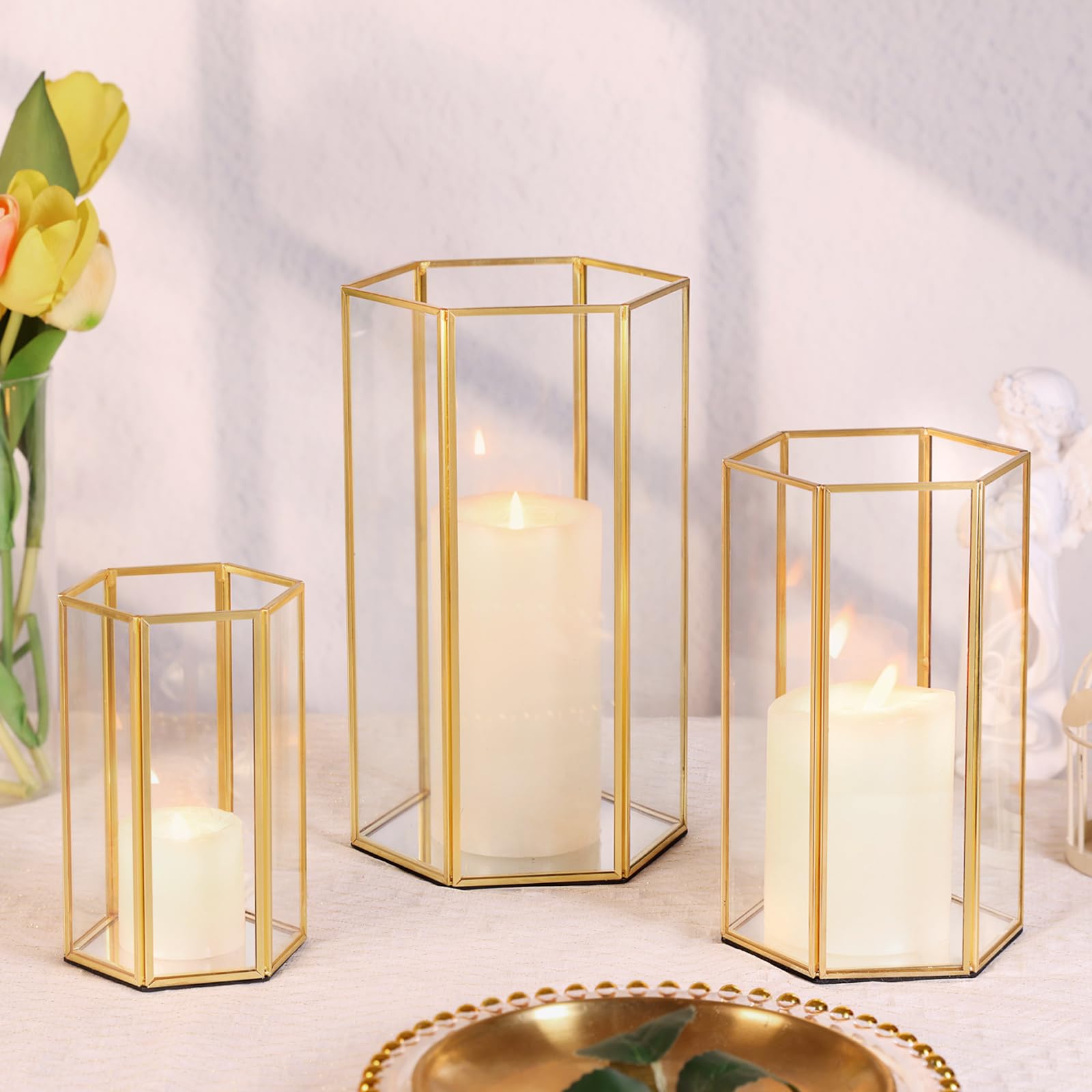 LAMORGIFT 3 Pcs Gold Hexagon Hurricane Glass Candle Holders - Geometric Pillar Candle Vases for Wedding, Party, Dining Table Centerpiece Decor - Perfect for Romantic Dinners, Holiday Decorations & Home Ambiance Lighting