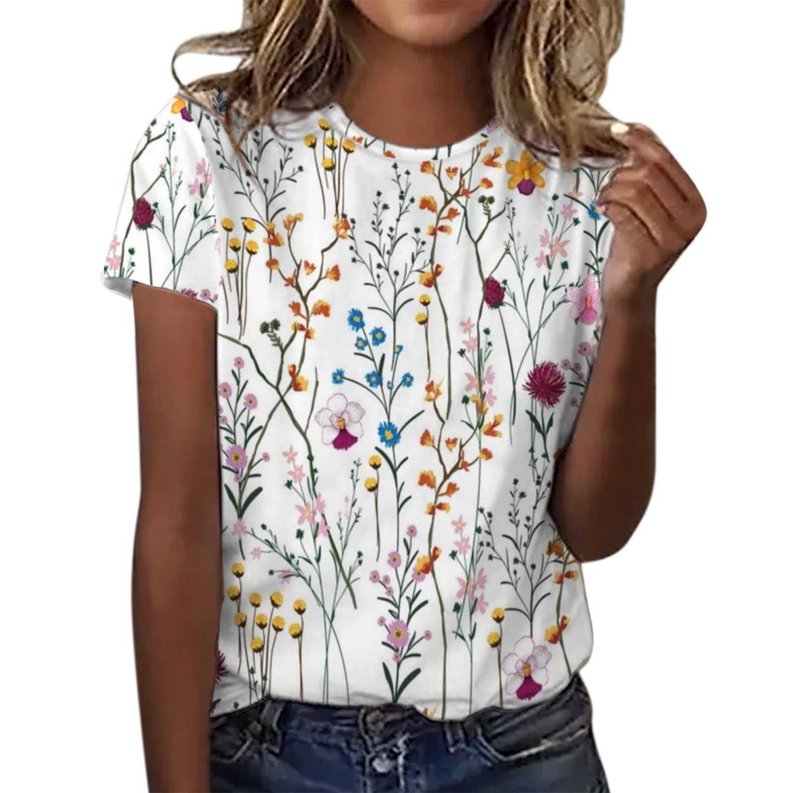 Women's Summer Short Sleeve Crew Neck Floral Printed Athletic Top - Breathable Casual T-Shirt for Yoga, Running & Outdoor Activities