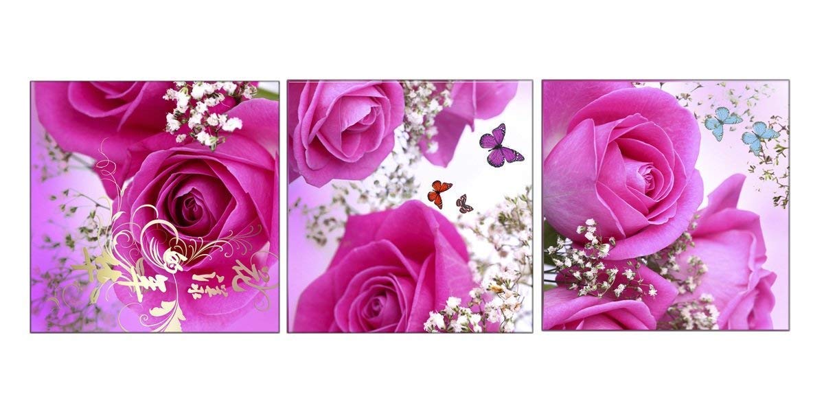Amoy Art - Pink Rose & Butterfly Modern Abstract Canvas Wall Art Print, Stretched Framed Picture for Home Decor, Living Room, Bedroom, Office | Perfect for Wall Decorations & Gift Ideas