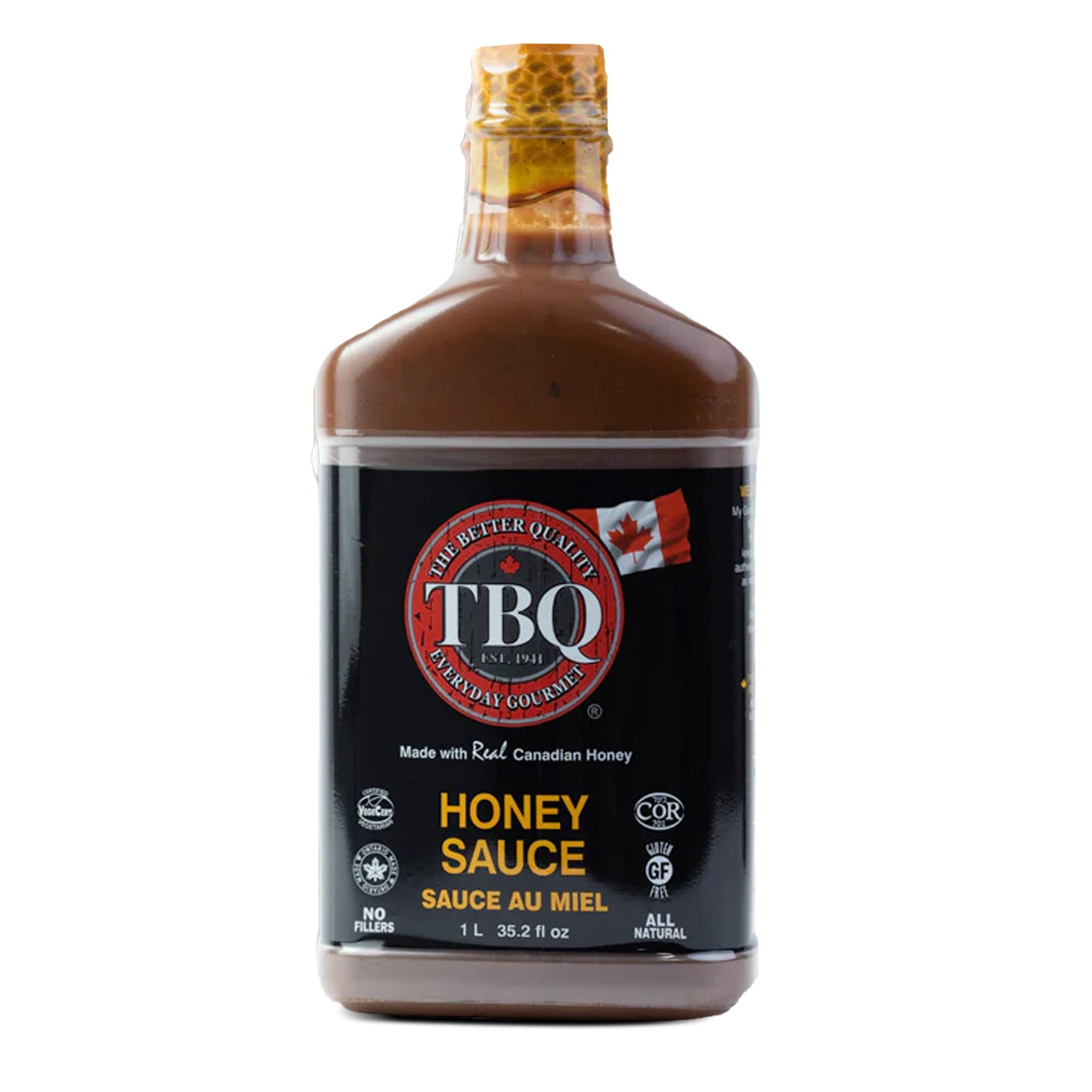 TBQ – Honey Barbecue Sauce | Vegan Honey Hot BBQ Sauce | Kosher & MSG-Free Marinade for Salmon, Ribs, Vegetables | Made with Real Canadian Honey | 1L (35.2 fl oz) | Perfect for Grilling, Roasting & Dipping