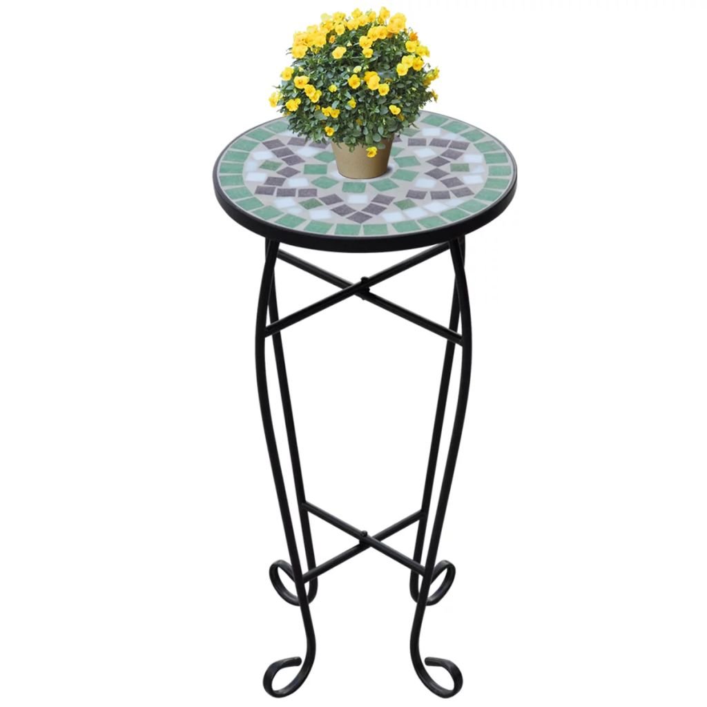 Green and White Mosaic Ceramic Top Metal Plant Stand - Patio Side Table, Bistro Coffee Table & Flowerpot Holder for Garden, Home, and Outdoor Decor | Perfect for Balcony, Terrace, and Living Room
