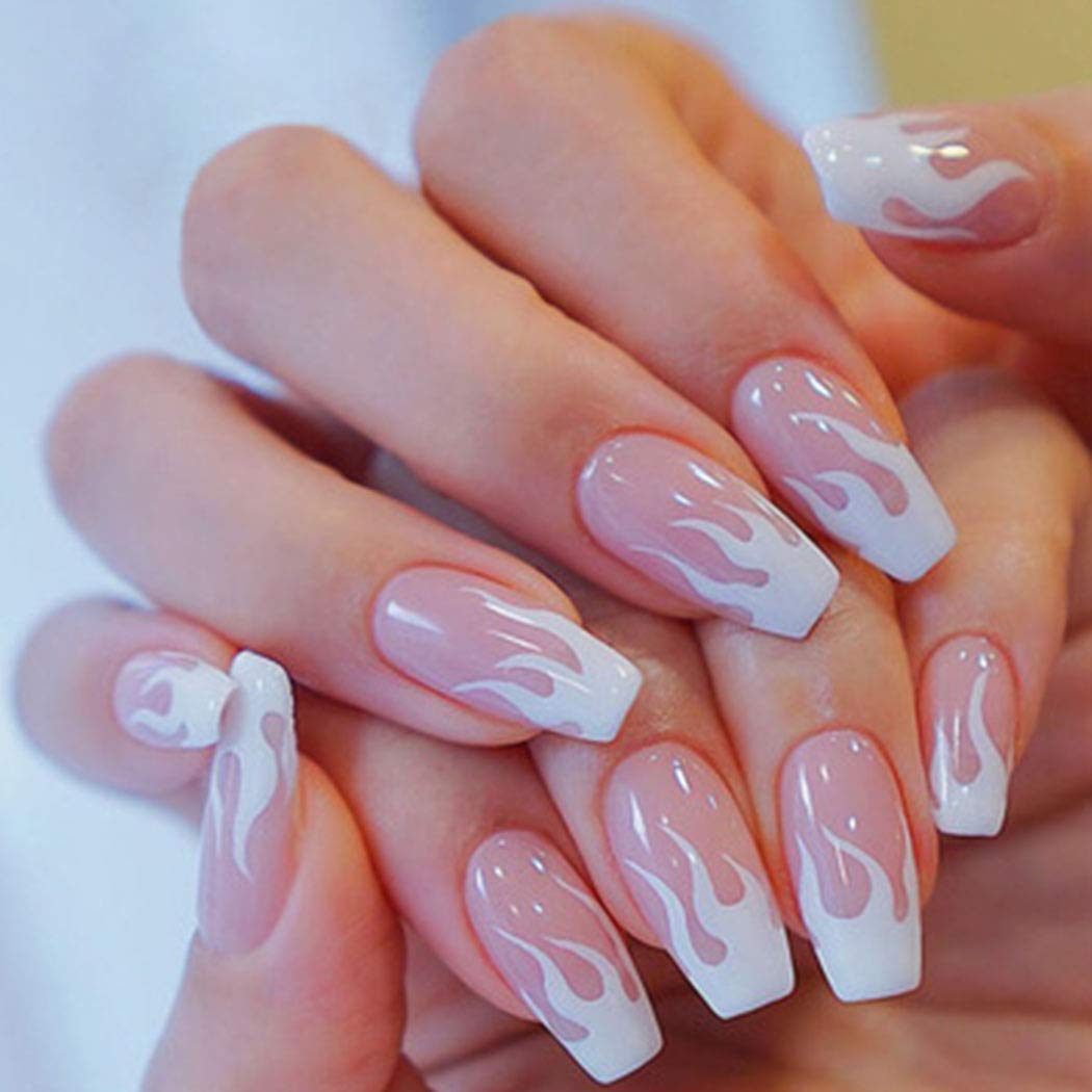 Uranian Coffin Medium Long Press on Nails - Pink Fire Glossy French Ballerina Fake Nails, 24pcs Full Cover Acrylic False Nails for Women & Girls, Halloween Nail Art (Style 3) - Perfect for Parties, Cosplay & Special Occasions